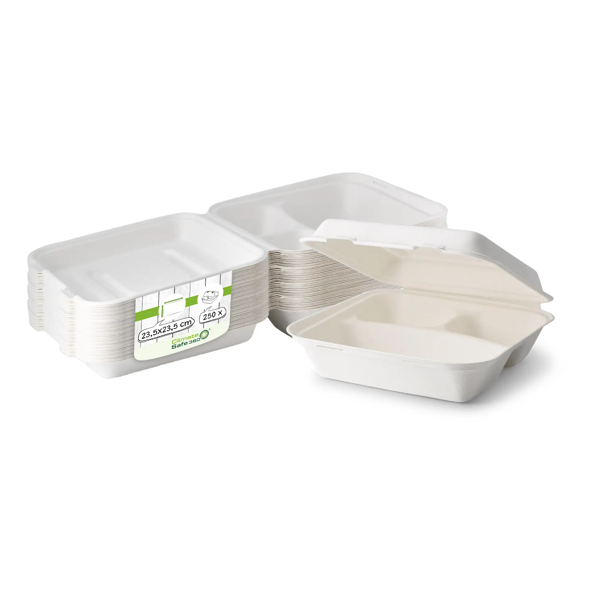 Boîte repas en bagasse, 23,5 x 23,5 x 8 cm, 3 compartiments, couvercle à charnière, rectangulaire