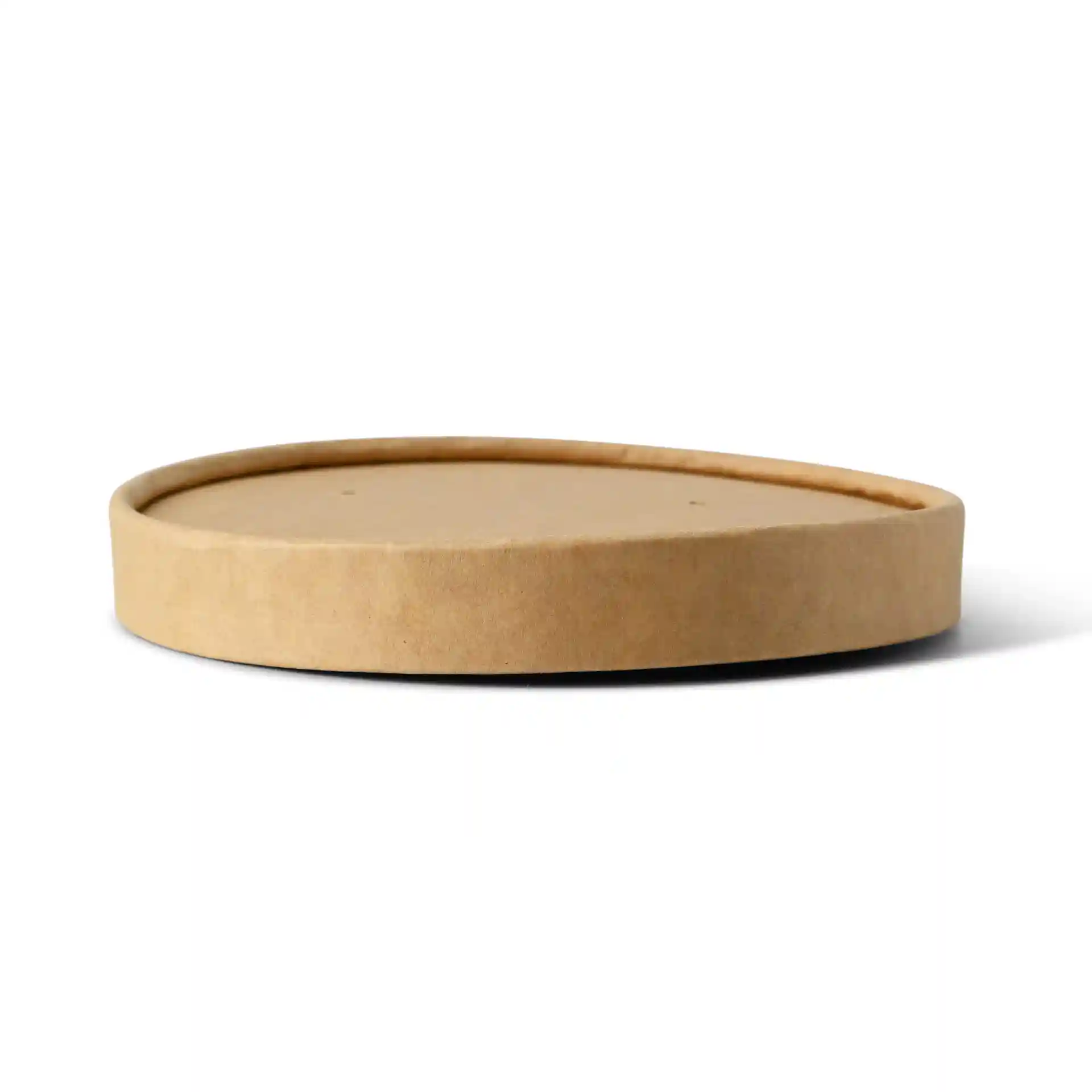 Couvercle en carton rond avec finition brune, mesurant 117 mm de diamètre, vu de côté.