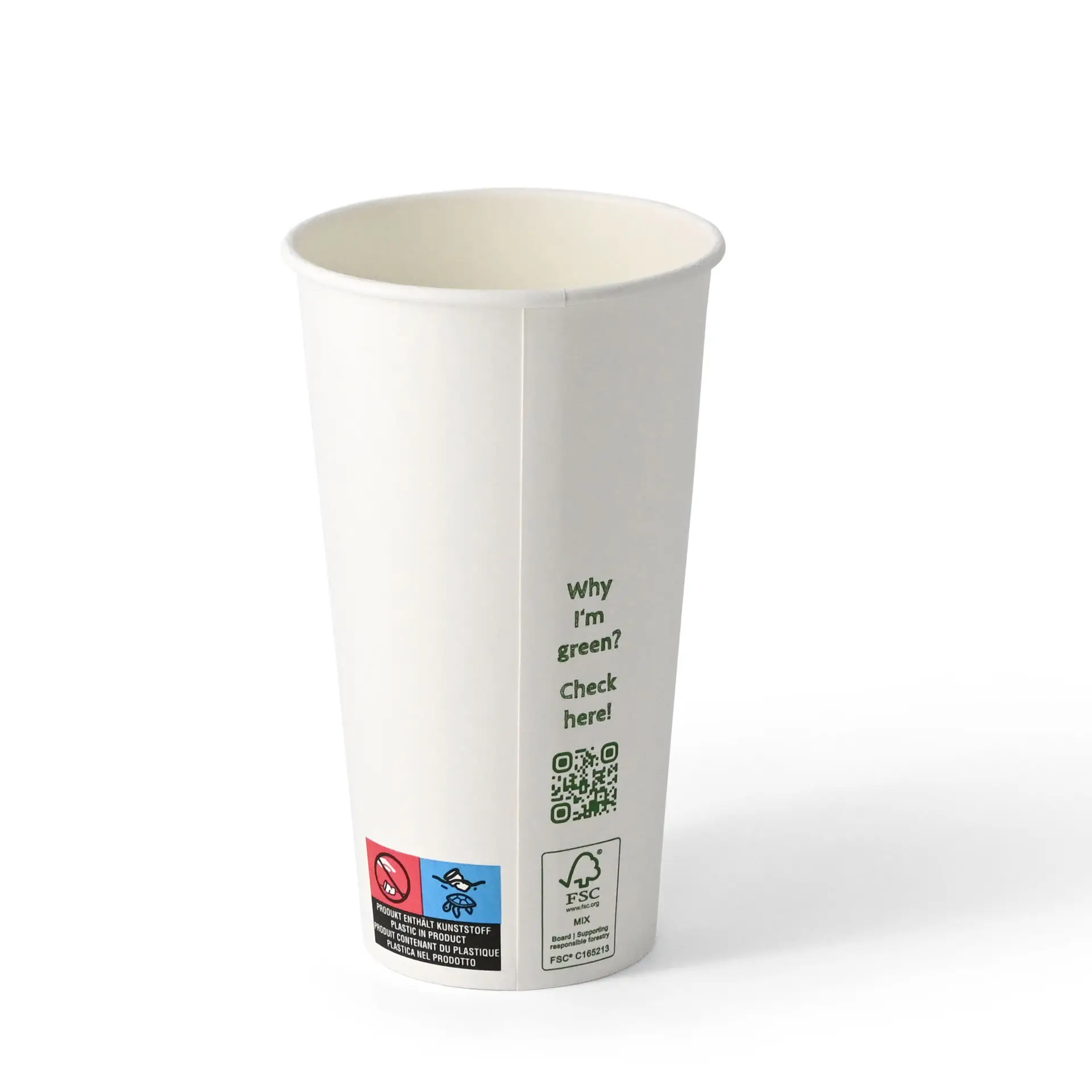 Gobelet en papier blanc simple paroi avec revêtement en PLA, adapté aux boissons chaudes et froides, avec un code QR imprimé sur le côté.
