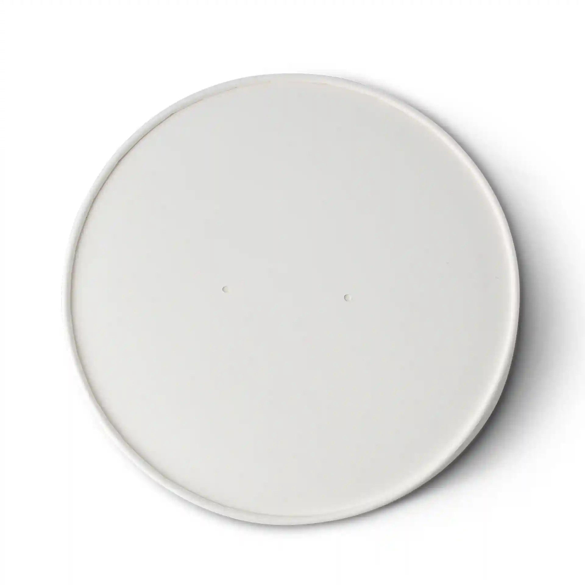 Couvercle rond en carton blanc avec surface enduite, mesurant 185 mm de diamètre, avec deux petits trous.