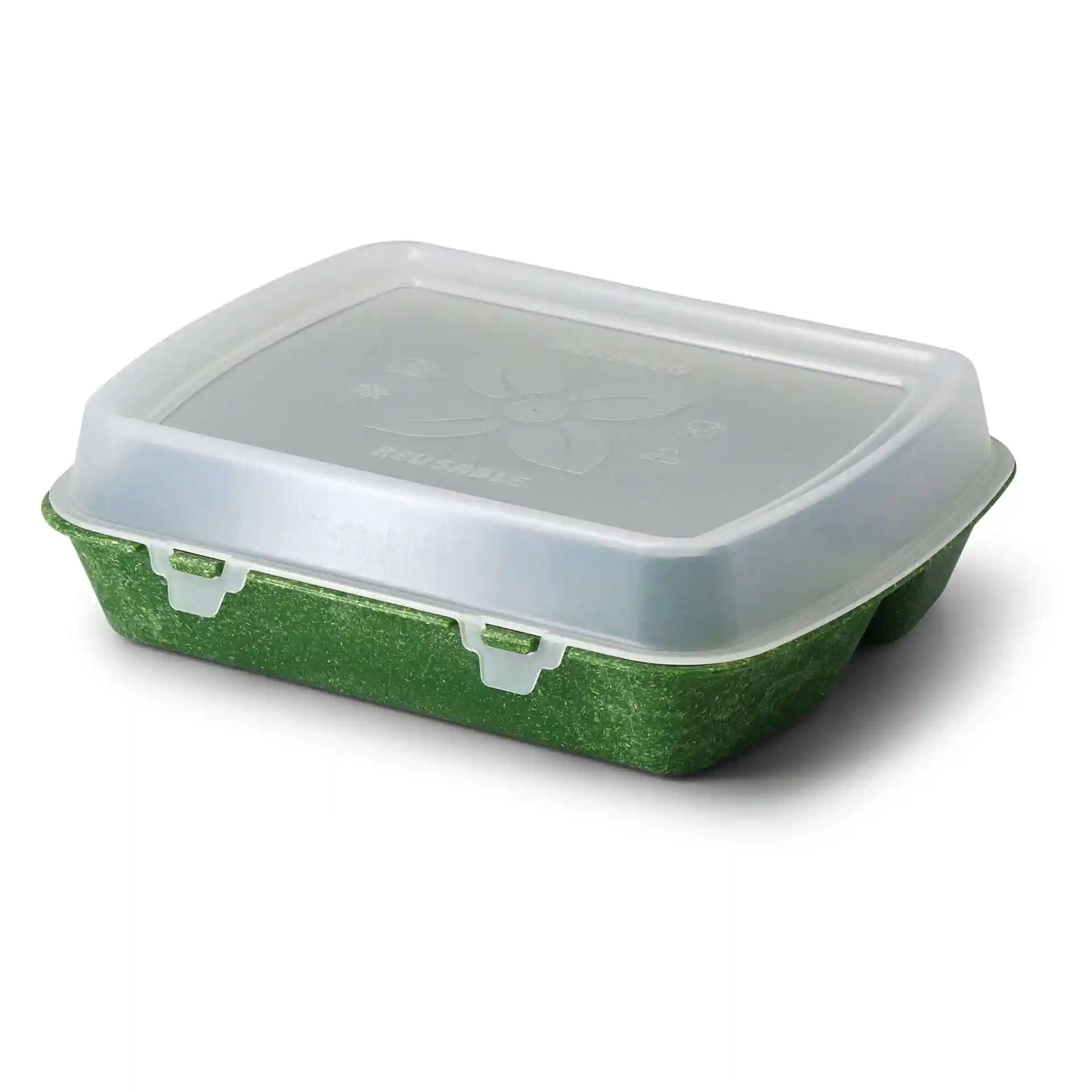 Conteneur de repas réutilisable avec trois compartiments, vert épinard et vert foncé, avec un couvercle transparent.