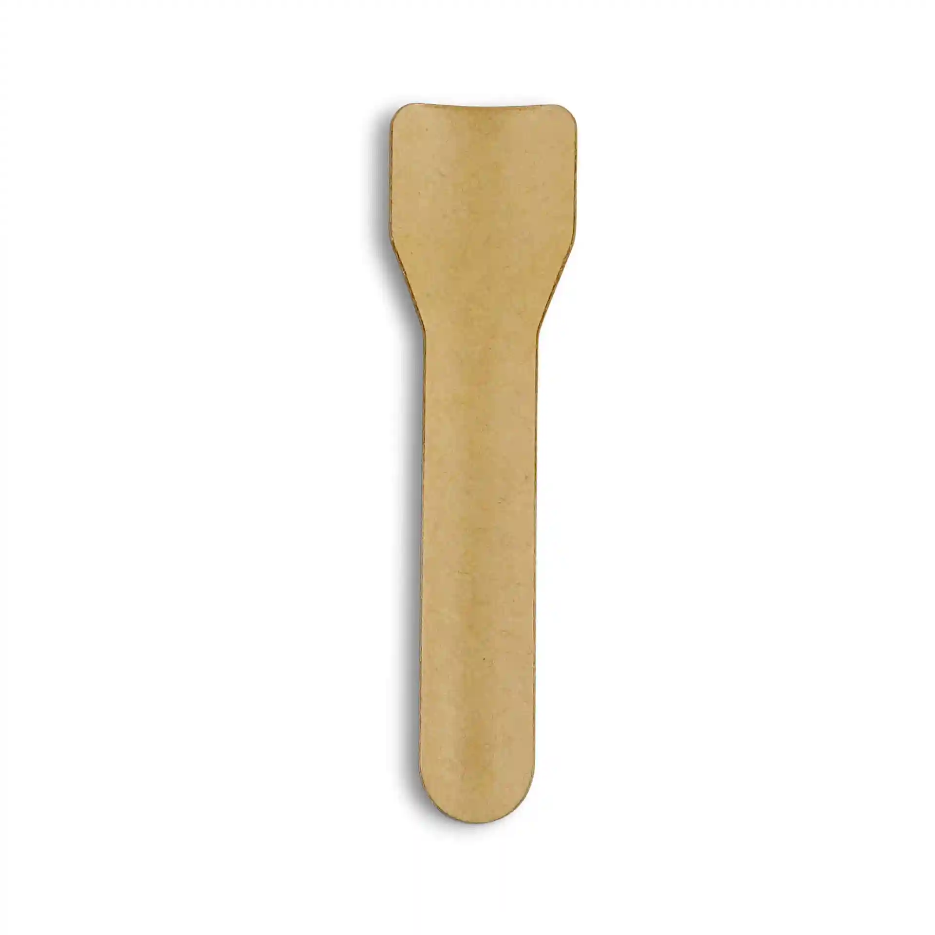 Cuillère en papier brun pour glace, 9,5 cm de long, avec une extrémité plate et arrondie et un manche effilé.