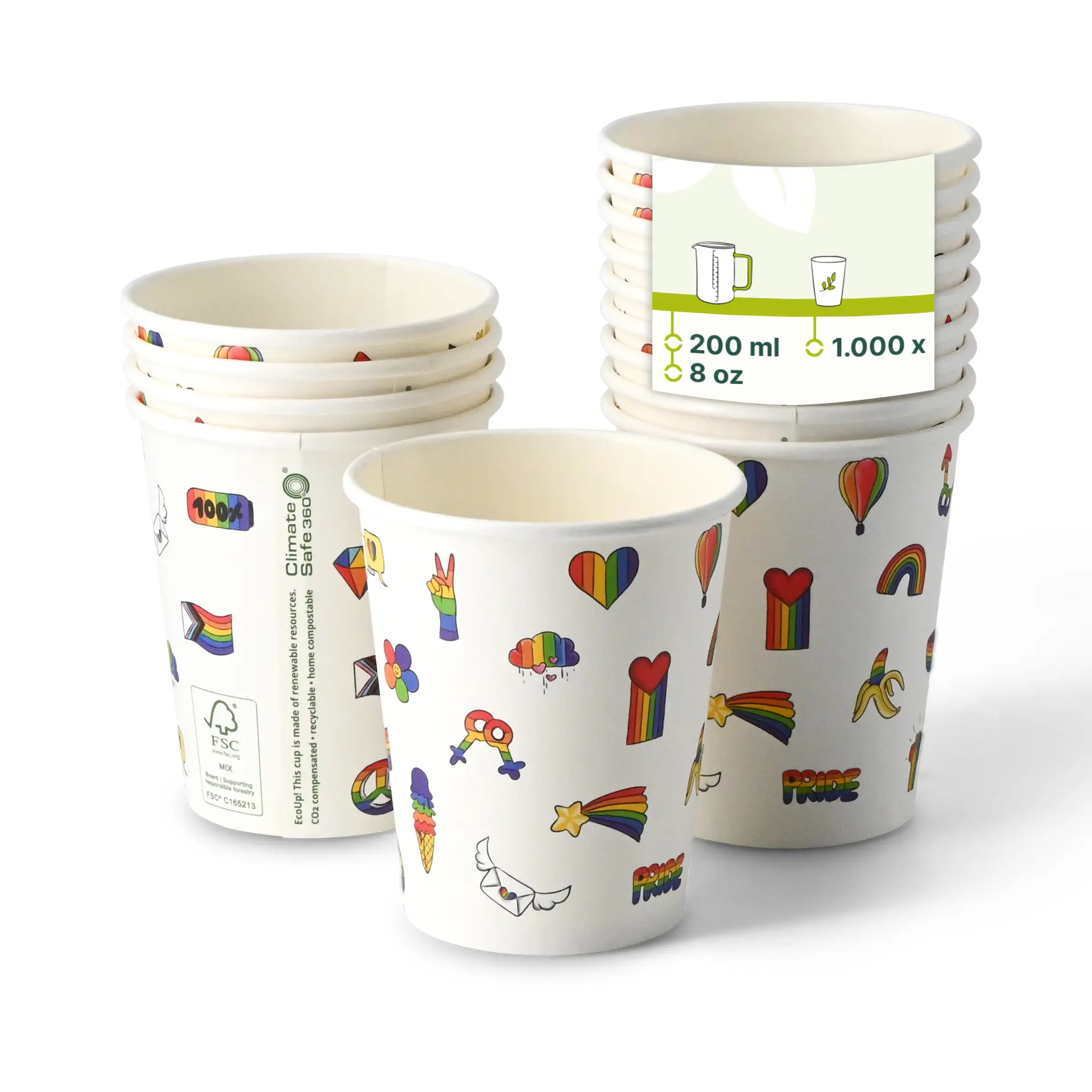 Gobelet en carton imprimé "Pride" 200 ml / 8 oz, Ø 80 mm, blanc dhd04557-pappbecher-bedruckt-pride-200-ml-8-oz-80-mm-weiss