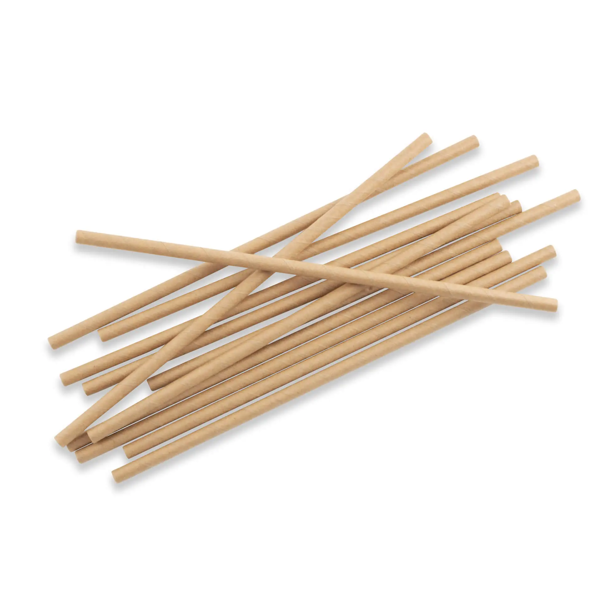Paille en papier brun durable ; plusieurs pailles disposées de manière désordonnée, mettant en avant leurs attributs biodégradables et sans plastique.