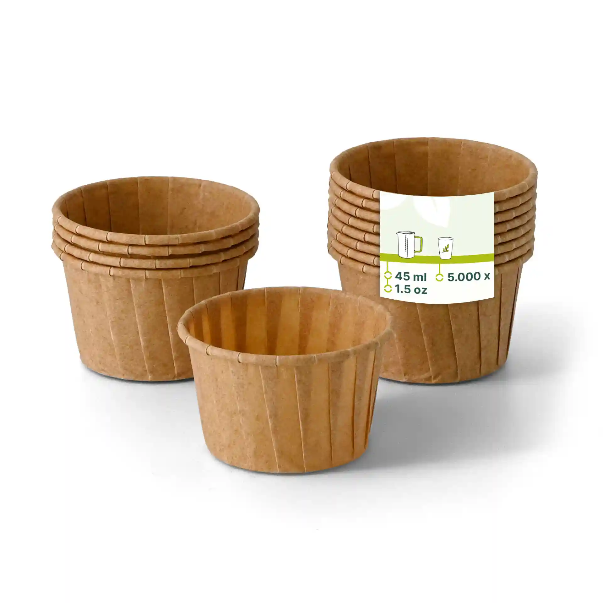 Gobelets en papier brun d'une capacité de 45 ml, empilés avec un gobelet devant.