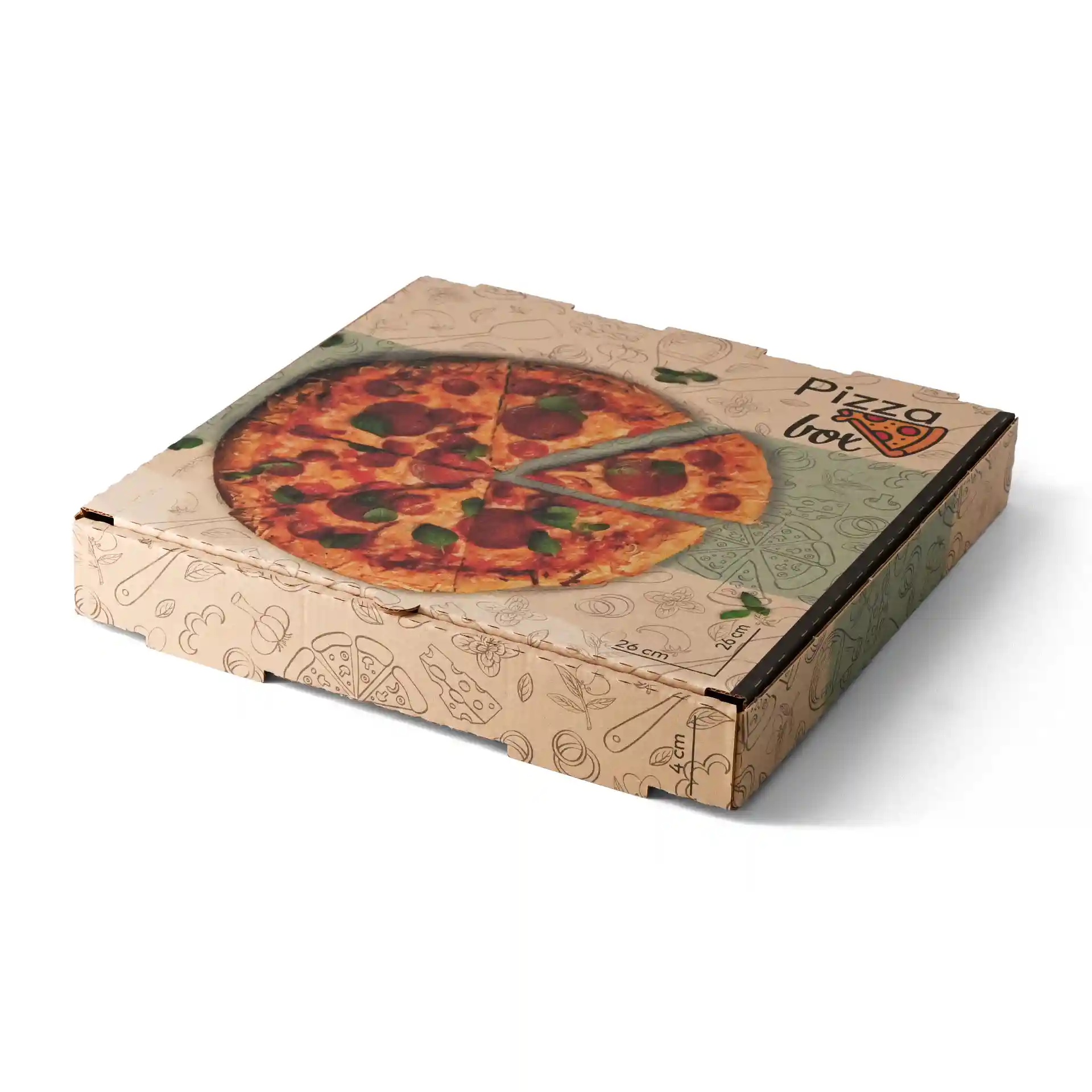 Boîte à pizza brune avec un design de pizza imprimé sur le dessus, mesurant 26 x 26 x 4 cm.