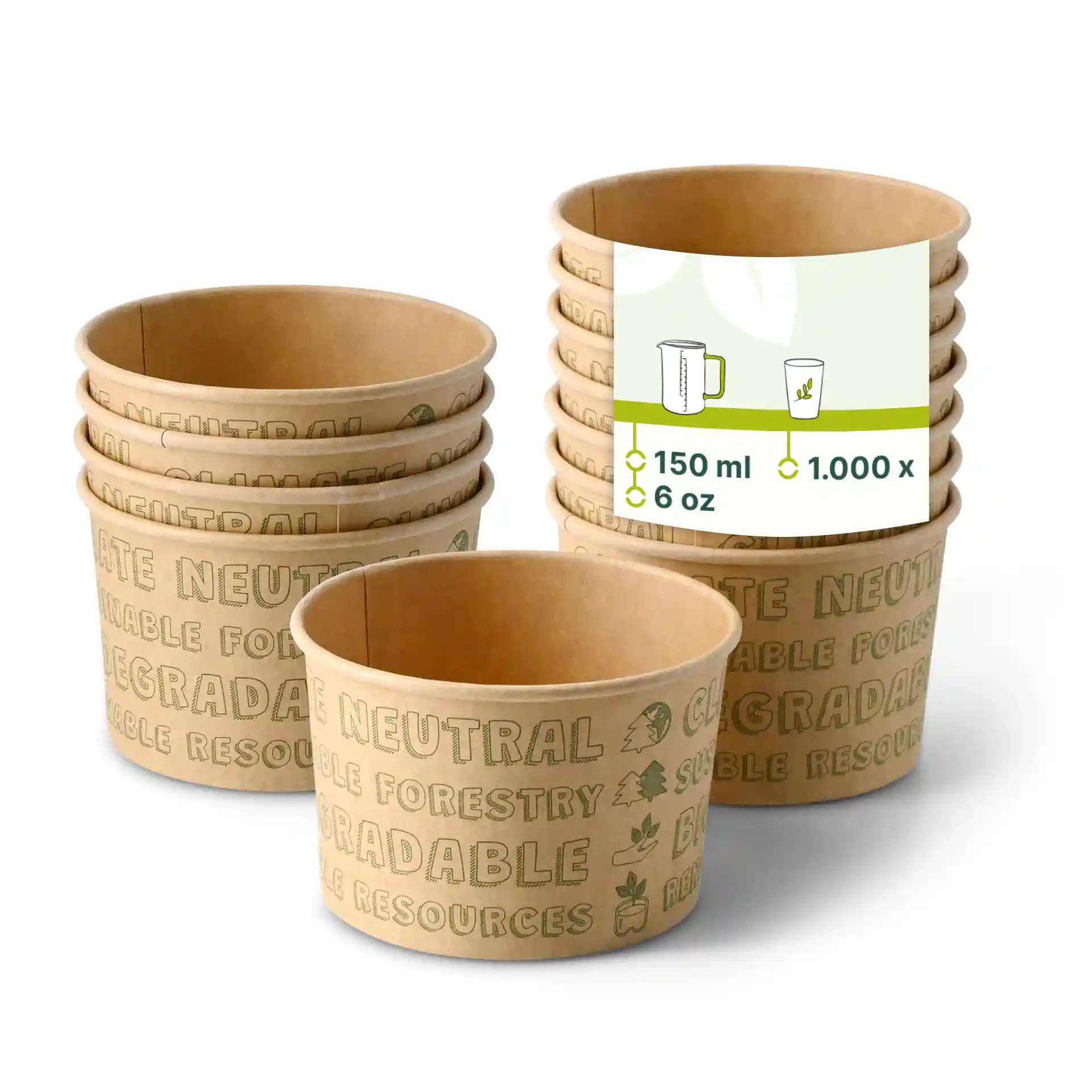 Empilement de contenants à glace en papier cartonné non blanchi, forme ronde, avec marquages imprimés, un contenant montré debout.