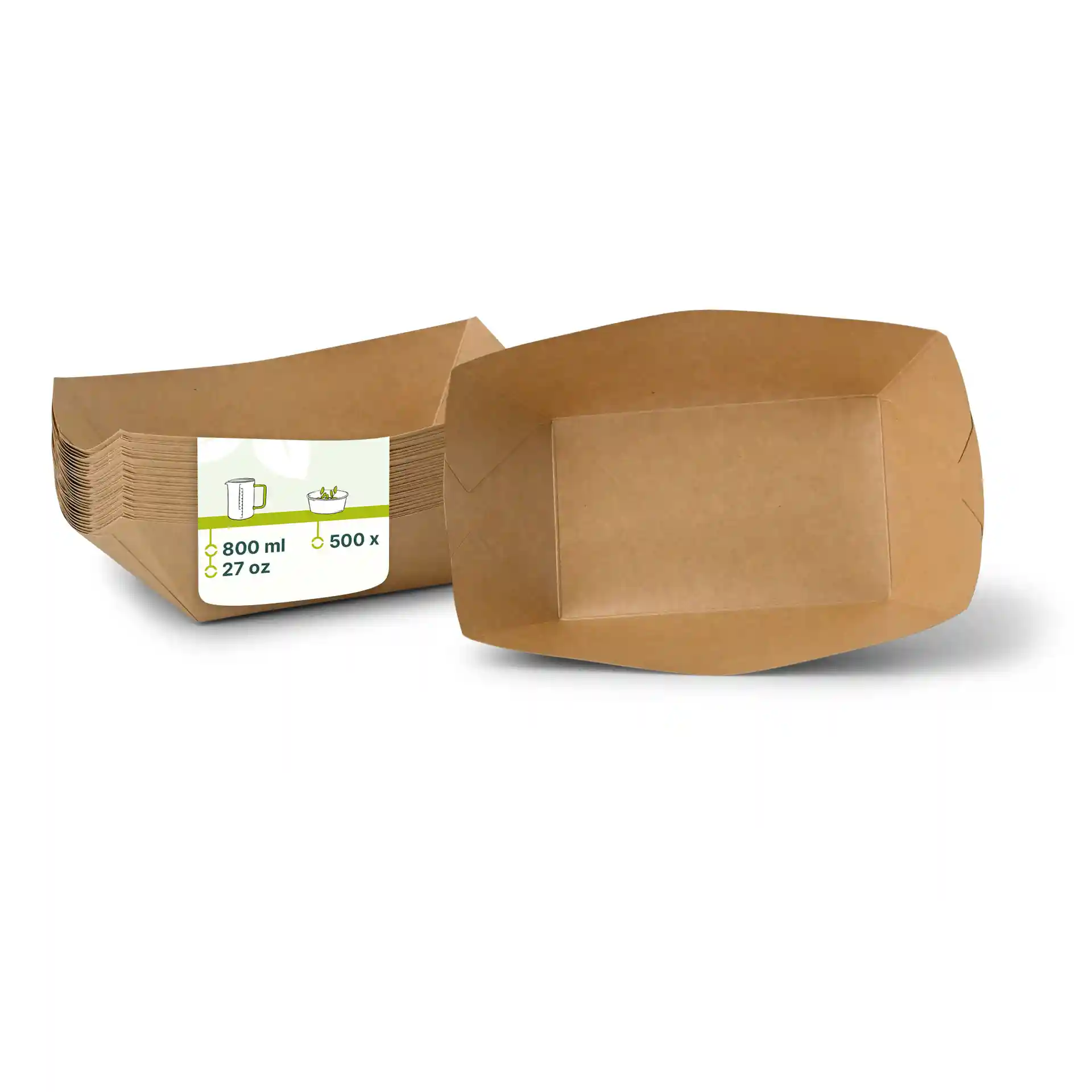 Plateaux à snacks en carton brun, capacité de 800 ml, avec un fond plat et des bords légèrement surélevés.