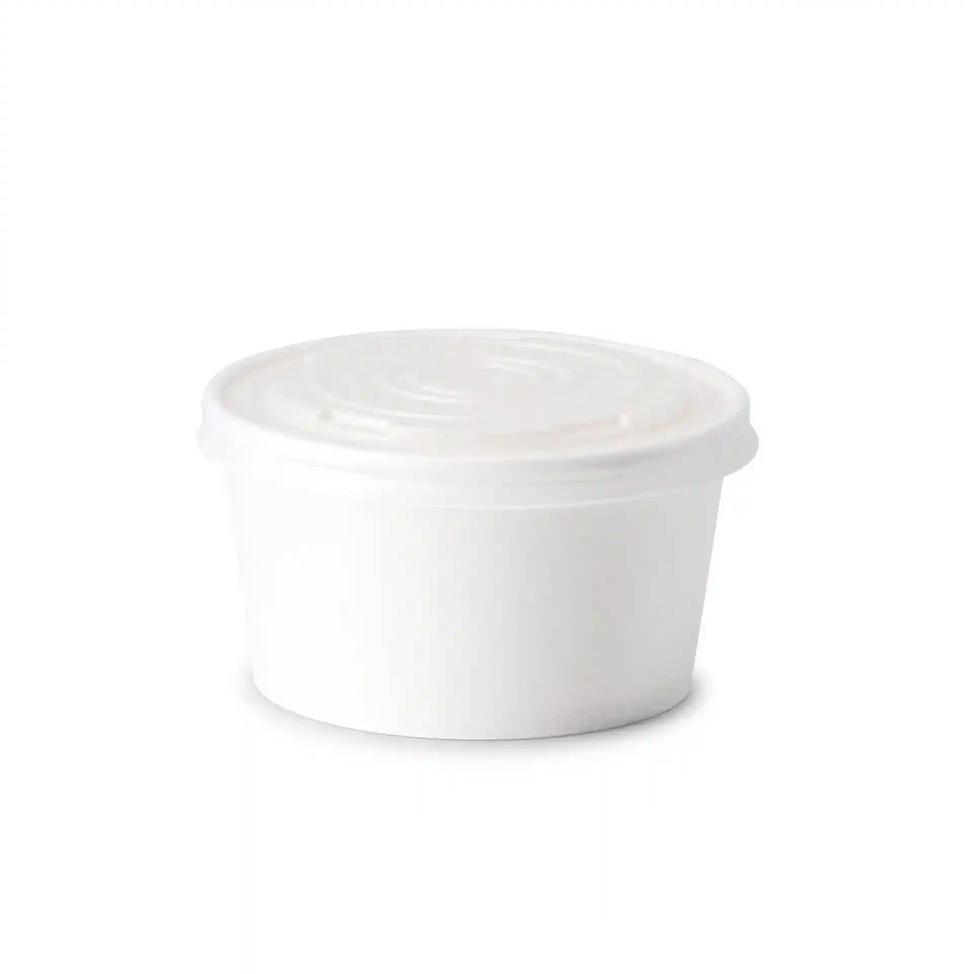Tasse ronde blanche avec un couvercle plat, diamètre 119 mm, en matériau CPLA.