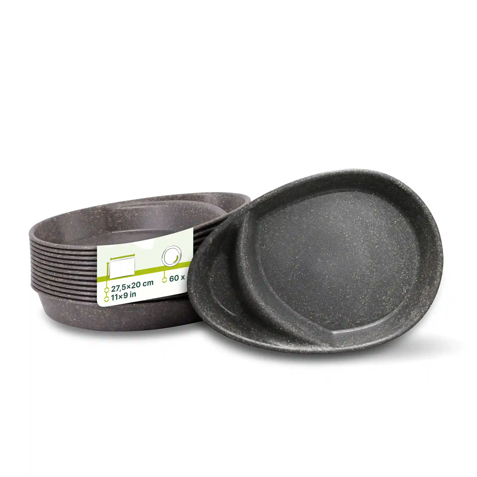 Assiettes divisées réutilisables grises avec deux compartiments, mesurant 27,5 × 20 cm, empilées avec une étiquette.