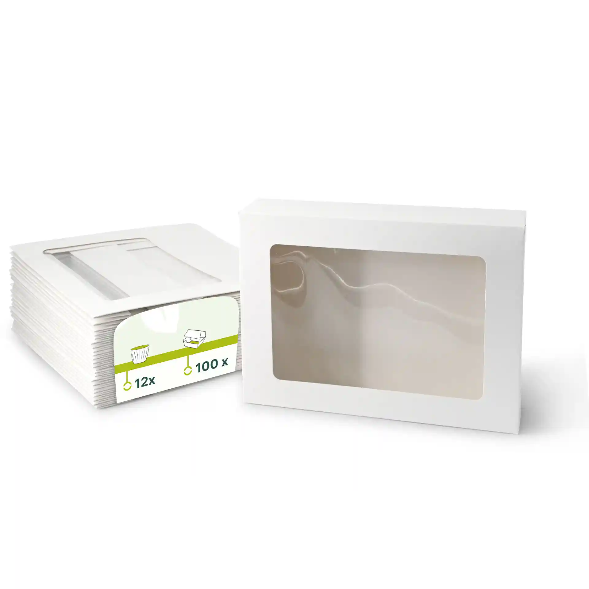Boîte à cupcakes en carton blanc avec fenêtre en cellulose, forme rectangulaire, à côté d'une pile de 12 boîtes similaires.