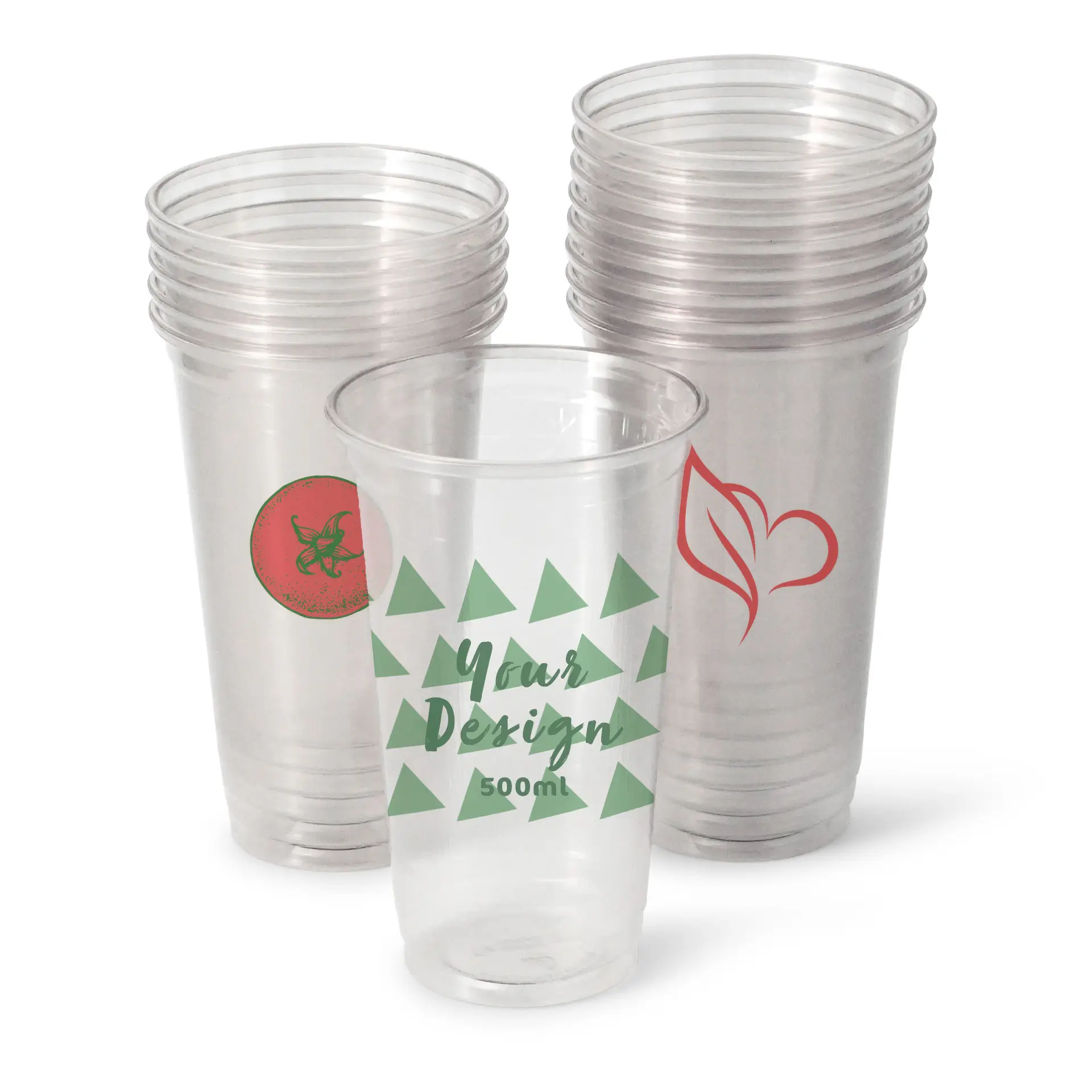 Gobelets rPET clairs de différents designs, adaptés pour les boissons froides, avec gobelet imprimable personnalisable.