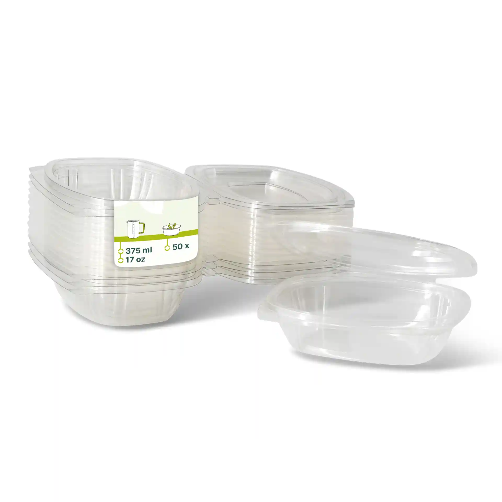 Bols rectangulaires en PLA transparents avec couvercles pliants, volume de 375 ml, empilés avec plusieurs visibles.