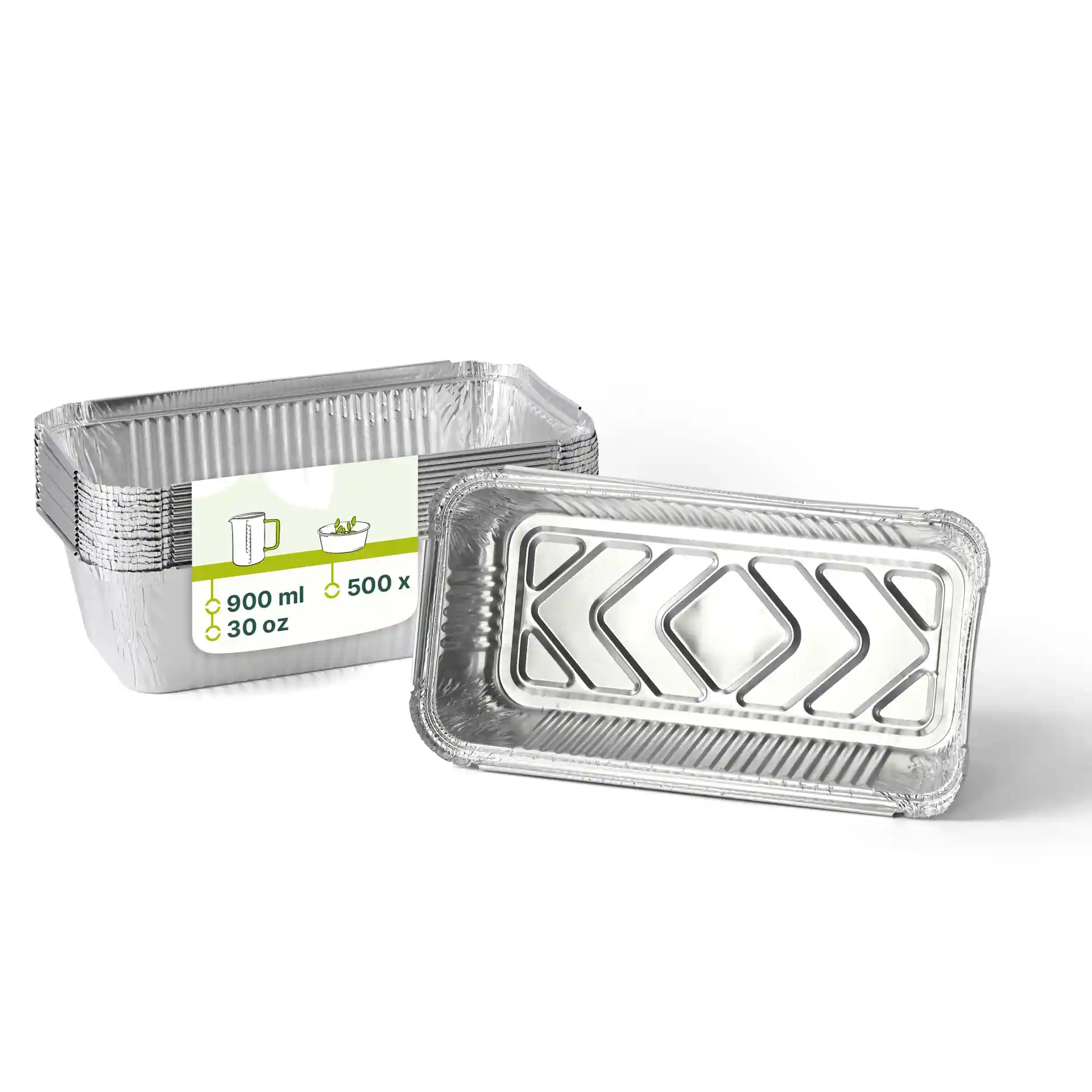 Conteneurs en aluminium rectangulaires d'une capacité de 900 ml, mesurant 21,8 x 11,3 x 5,4 cm, empilés avec un affiché.