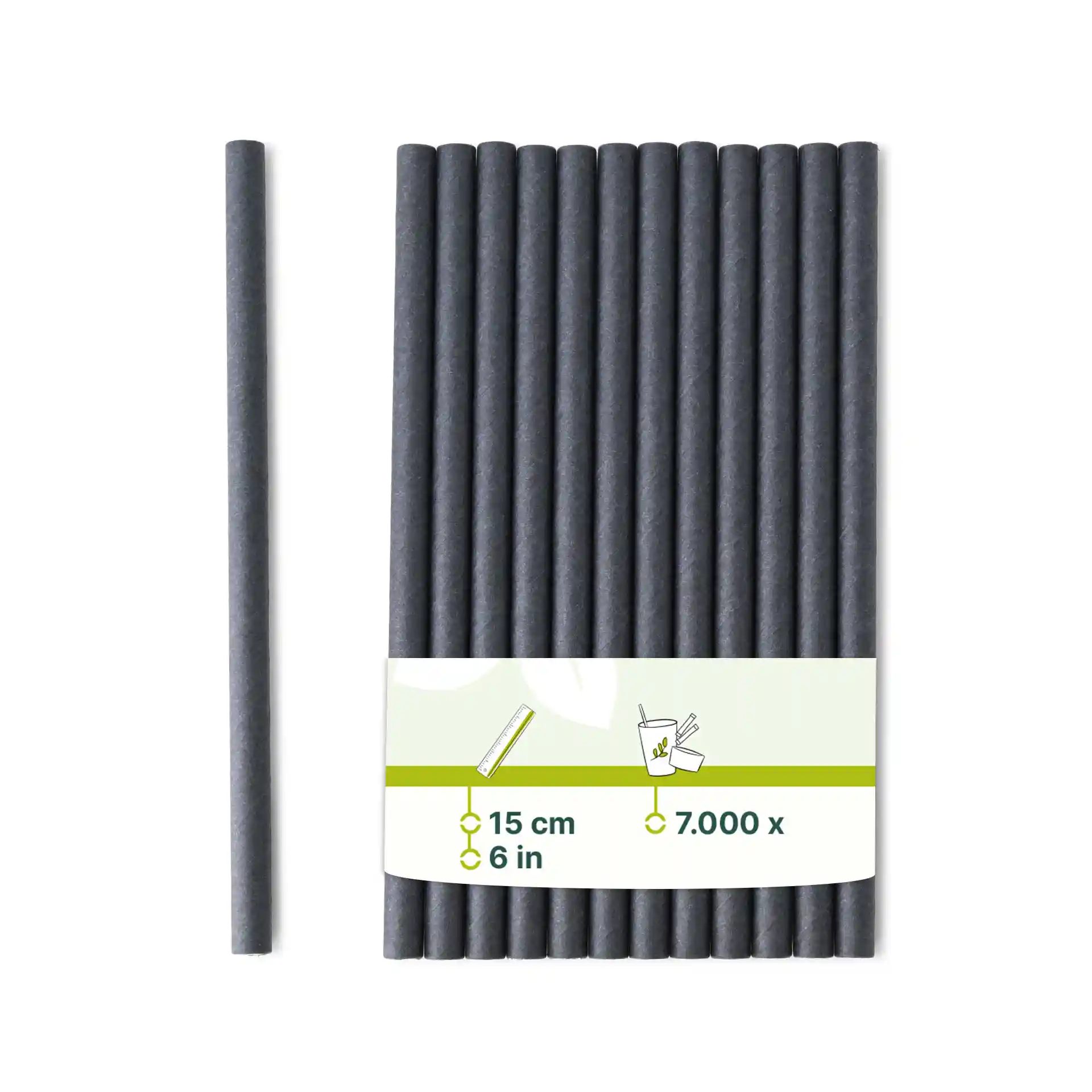 Pailles à cocktail en papier noir, longues de 15 cm et d'un diamètre de 0,7 cm, disposées avec une étiquette indiquant les détails du produit.