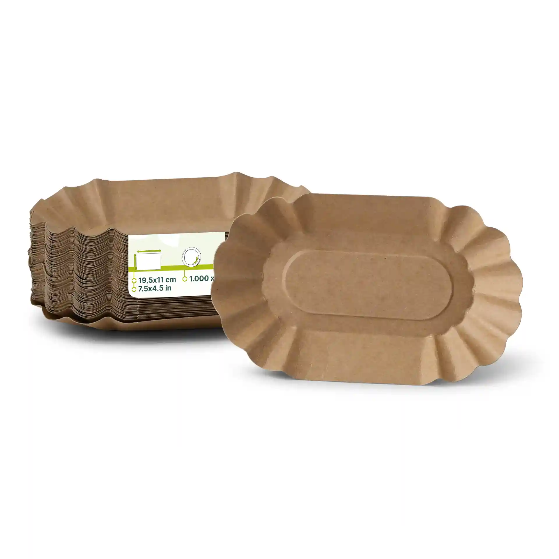 Empilement de plateaux alimentaires ovales en papier brun en carton, avec un plateau devant.