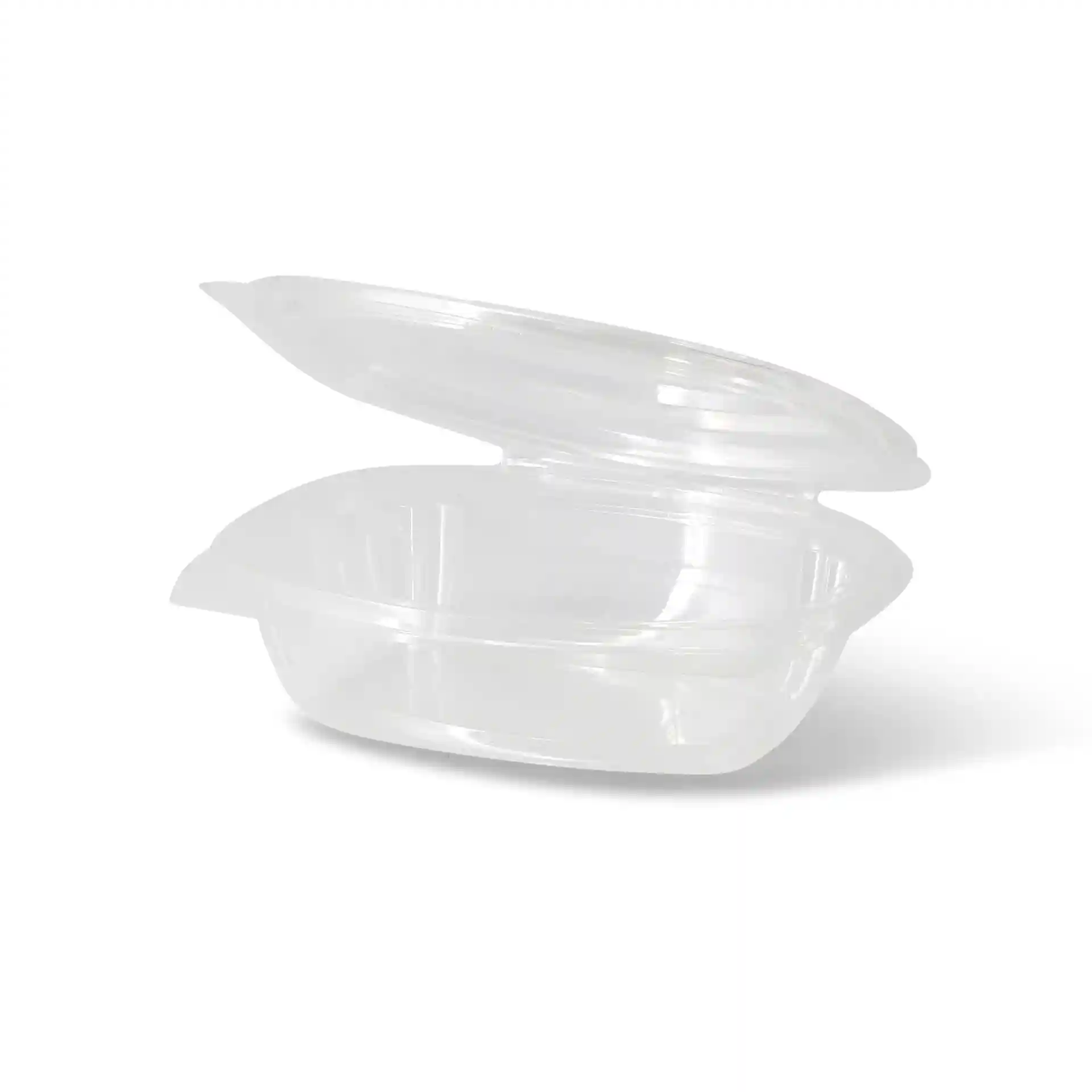 Bol deli rectangulaire en PLA transparent avec un couvercle pliant, montré ouvert à un angle.