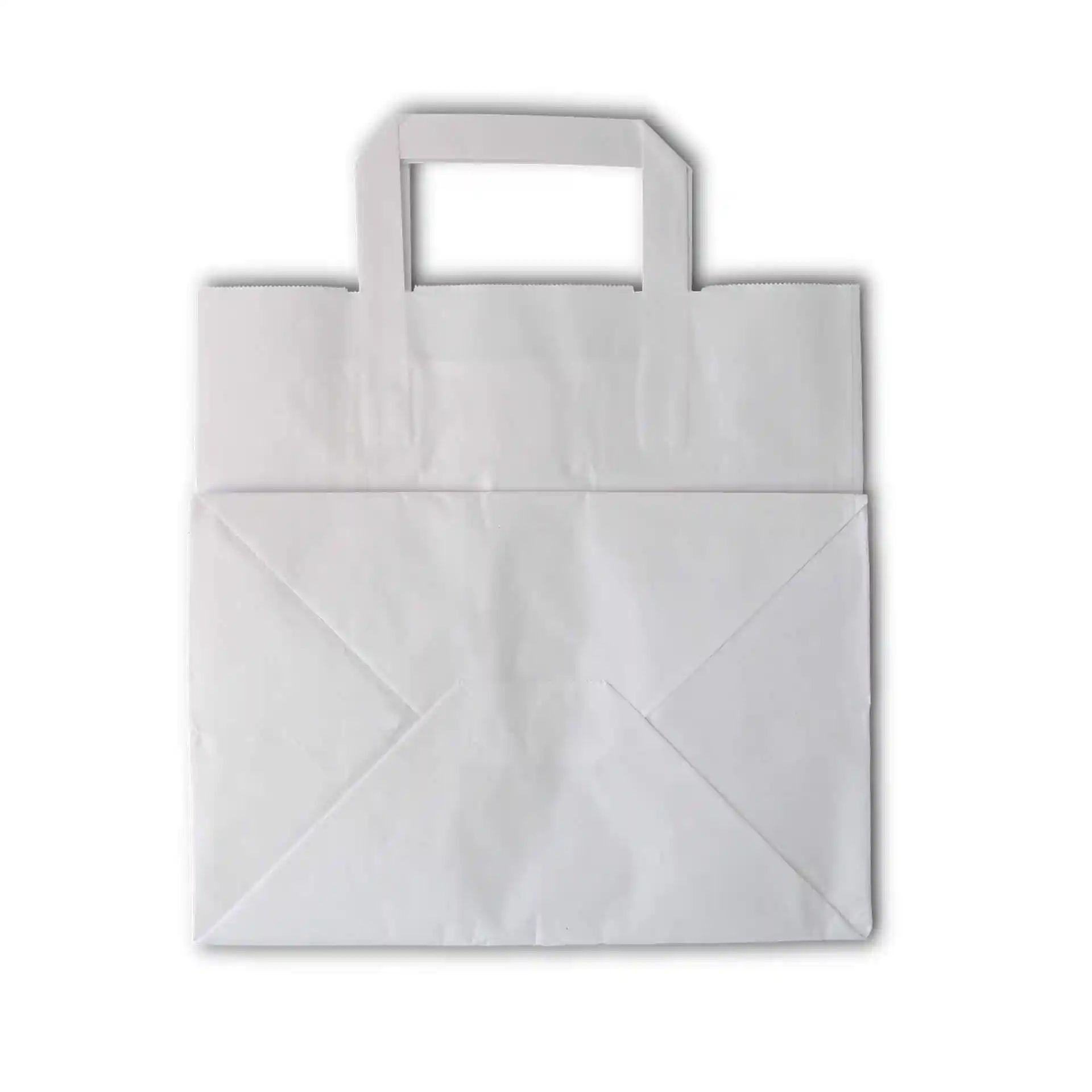 Sac en papier kraft blanc avec un large fond, doté d'une poignée et de forme rectangulaire.