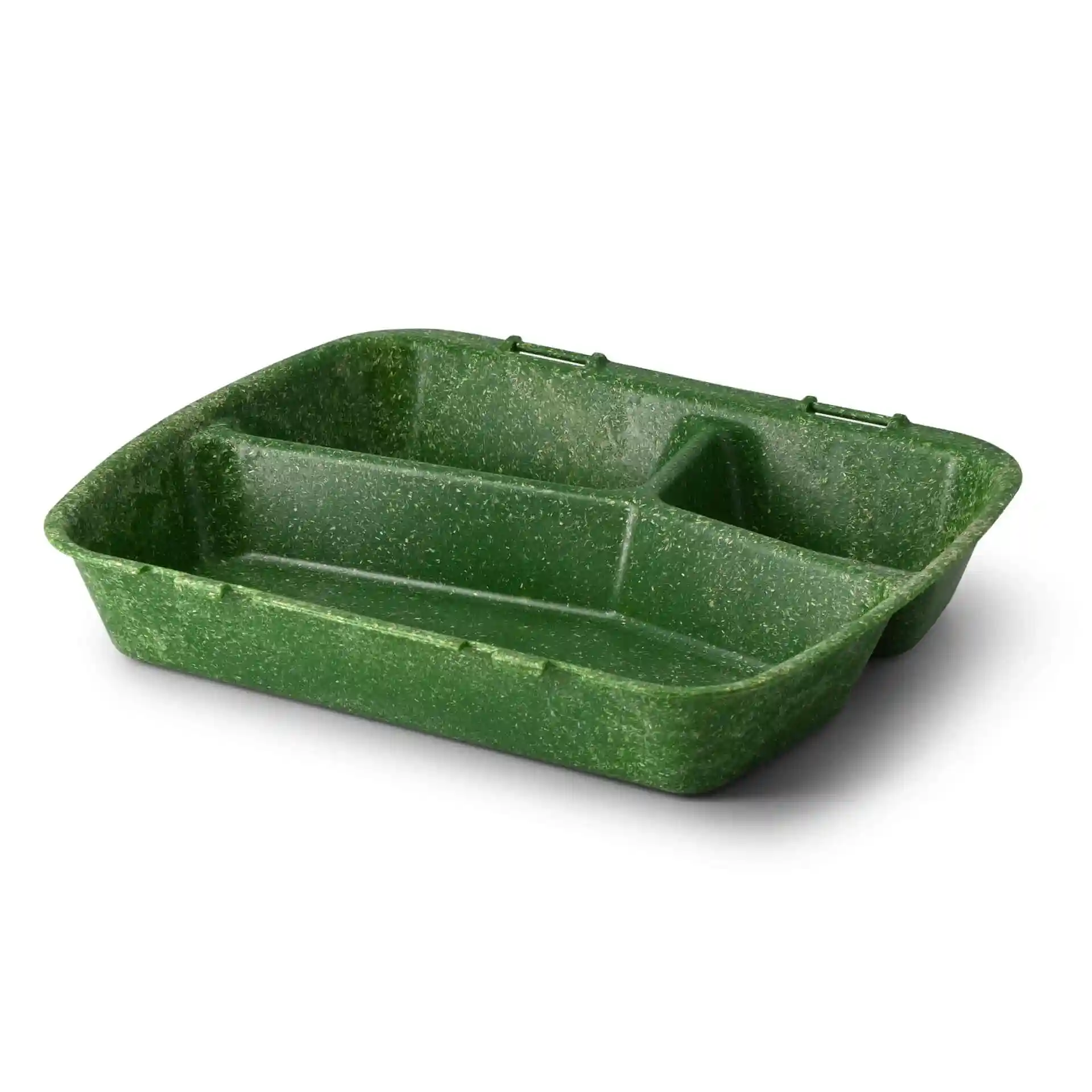 Conteneur de repas réutilisable avec trois compartiments, couleur vert épinard, dimensions 24,5 x 20 x 4,5 cm.