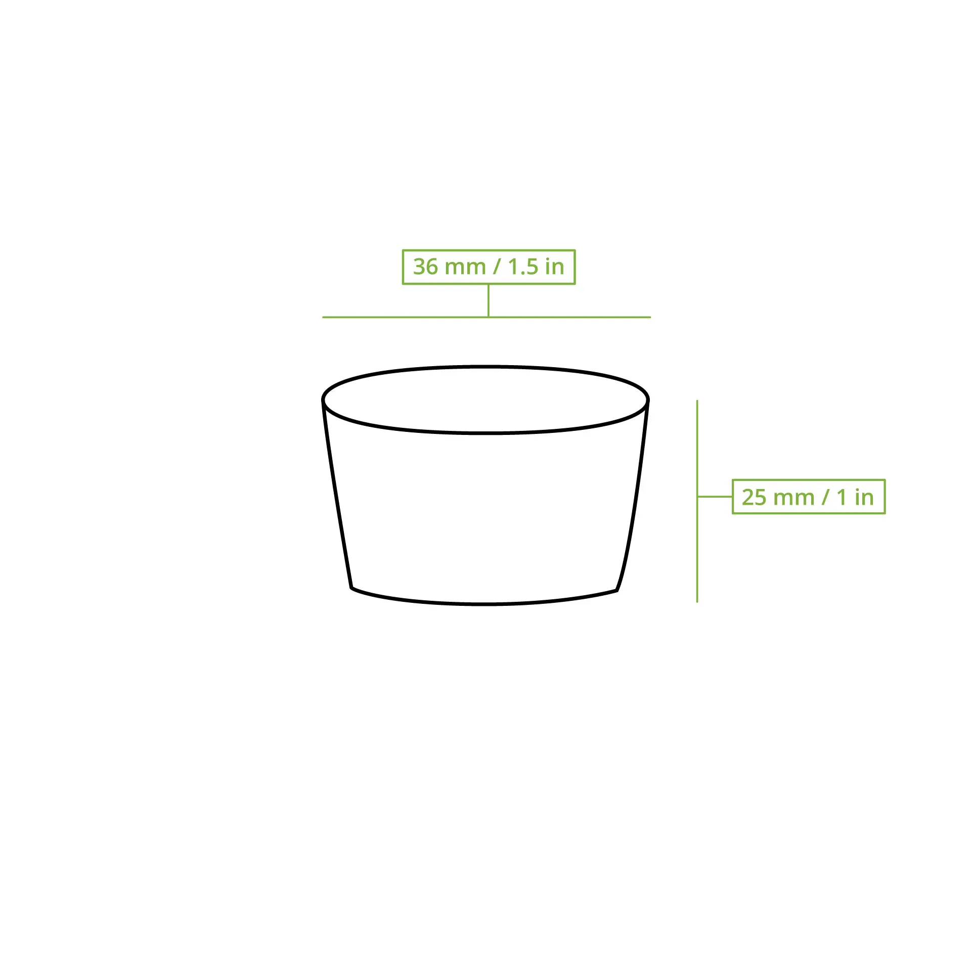 Illustration d'un gobelet blanc, dimensions 36 mm x 25 mm, adapté pour les dips, sauces et petites portions ; biodégradable et recyclable.