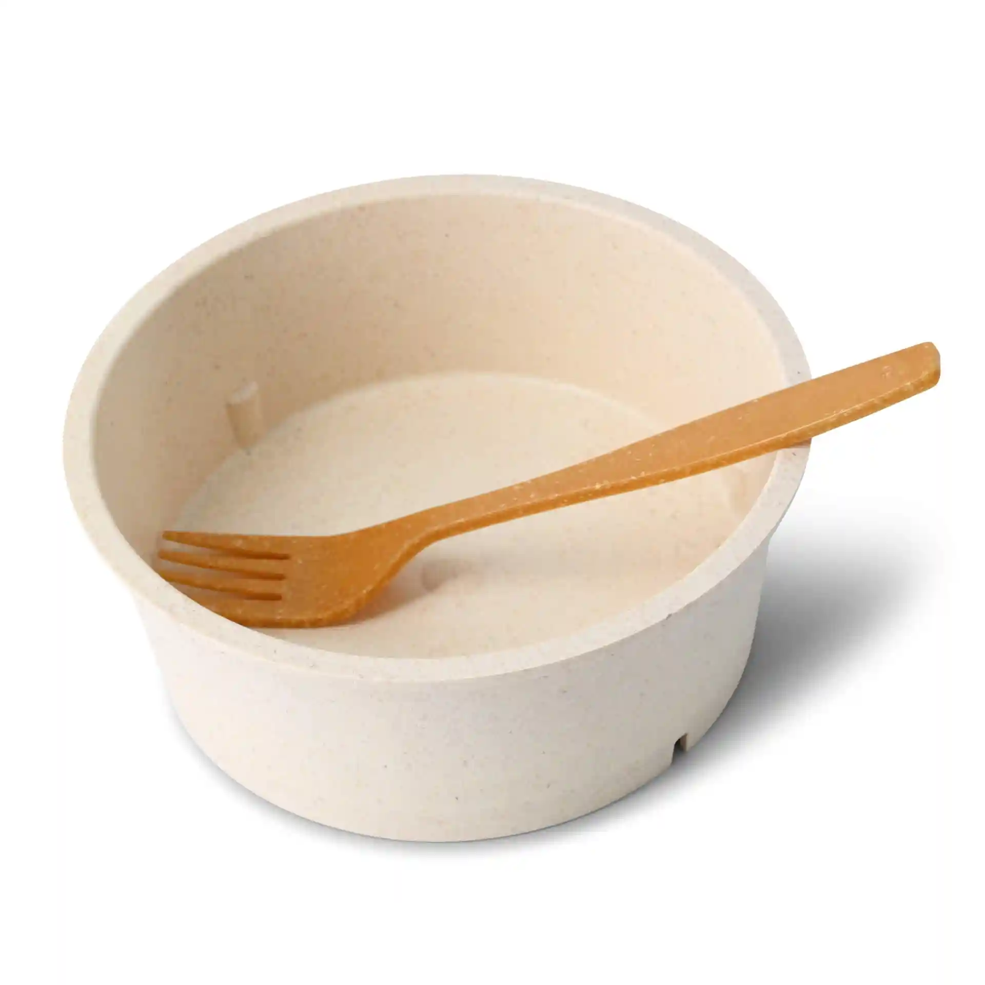 Bol rond crème réutilisable d'une capacité de 650 ml avec une petite fourchette orange à l'intérieur.