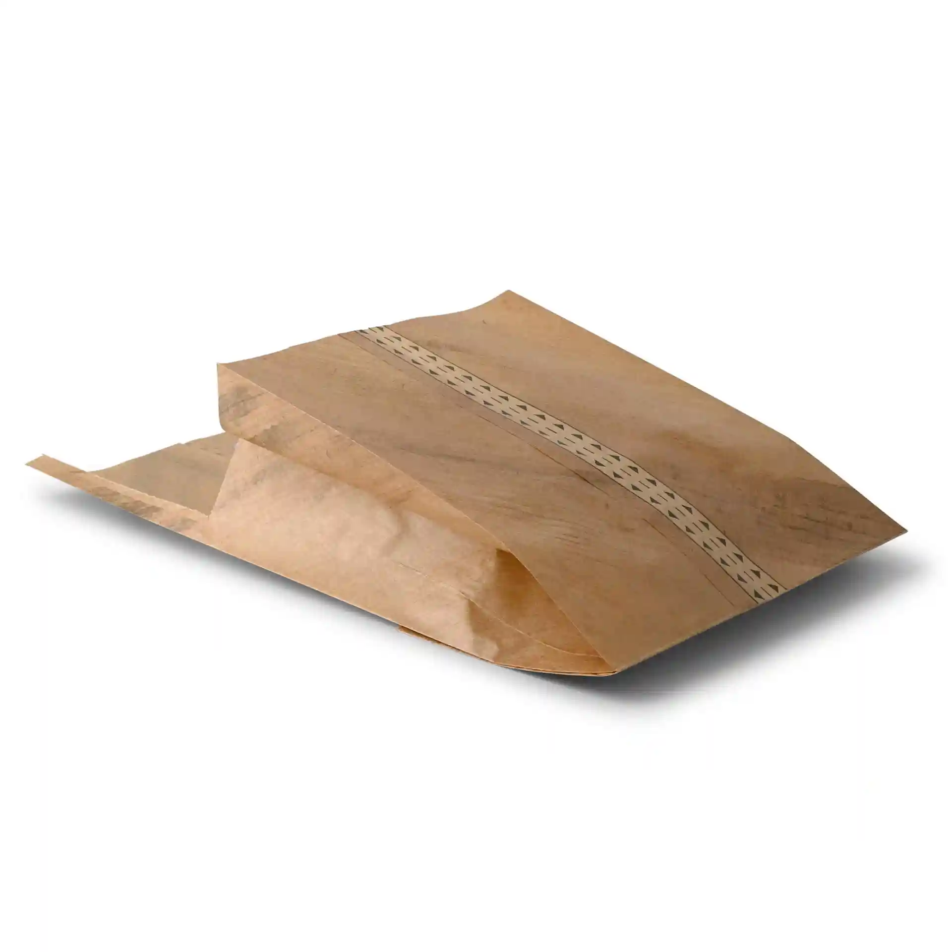 Sac à burger en papier kraft avec fermeture adhésive, dimensions 15 x 16,5 x 8,5 cm, vu en angle.