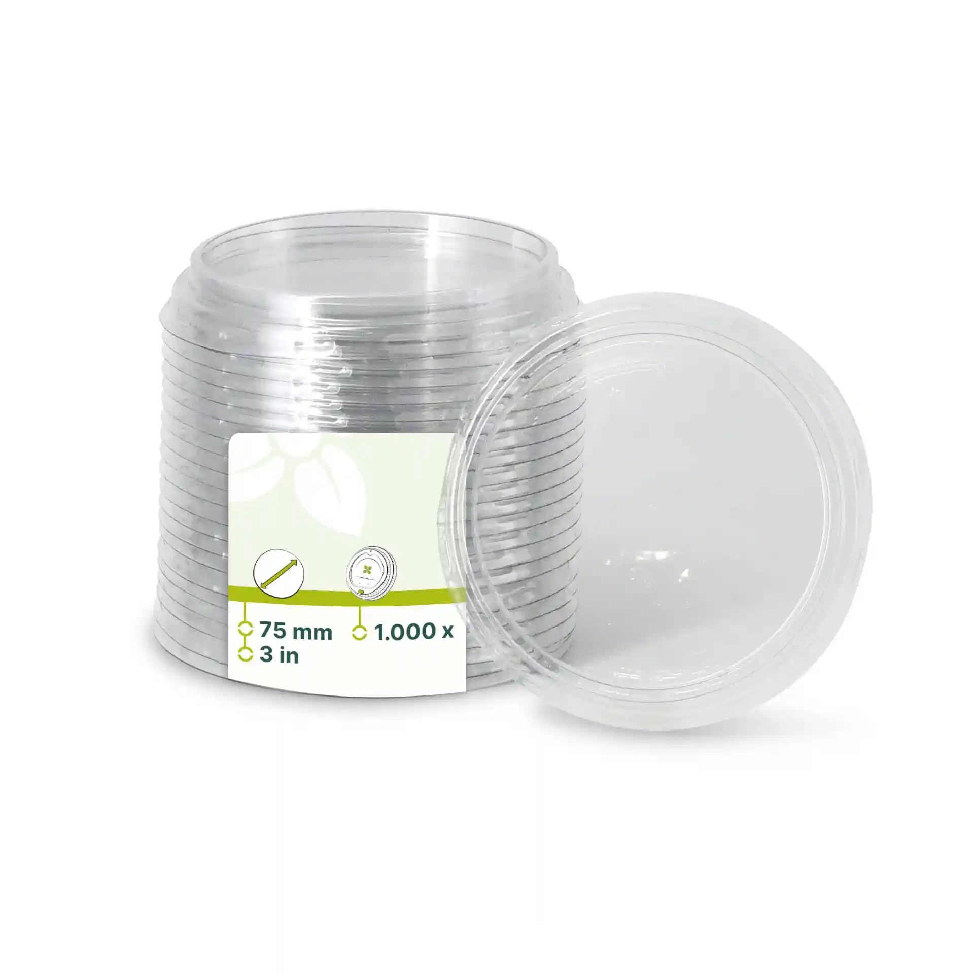 Couvercles rPET transparents de 75 mm de diamètre, empilés avec un couvercle à côté de la pile.