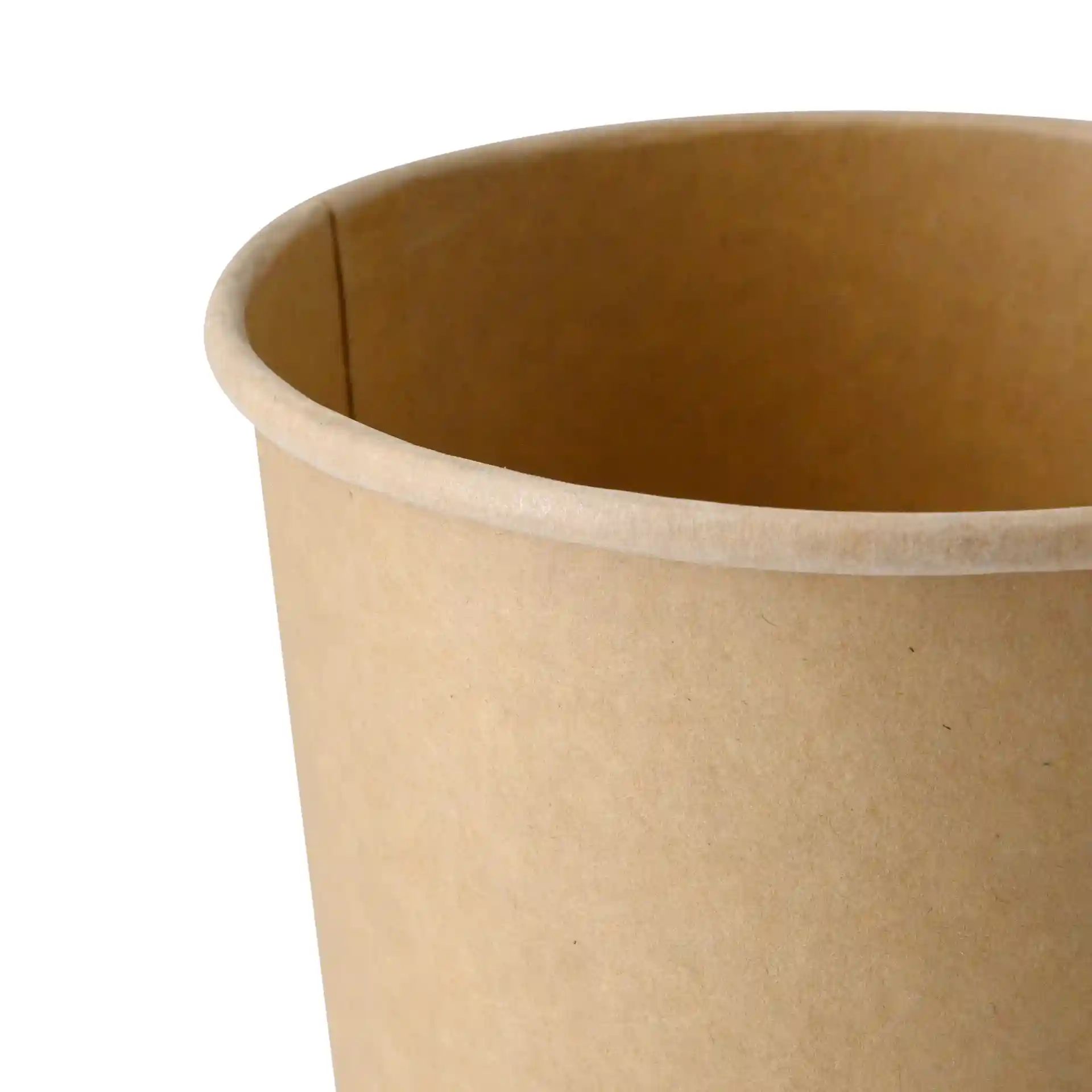 Conteneur à soupe en carton brun de forme ronde, montrant l'intérieur et le bord supérieur.