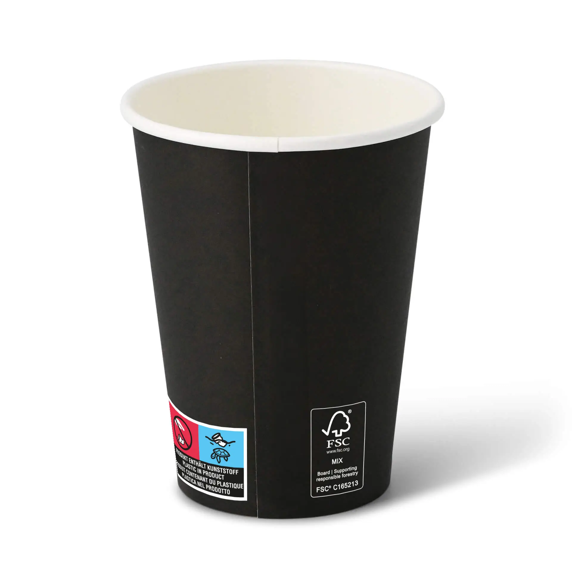 Gobelet noir avec un revêtement intérieur blanc, conçu pour les boissons, avec des symboles de sécurité et de matériau sur le côté.