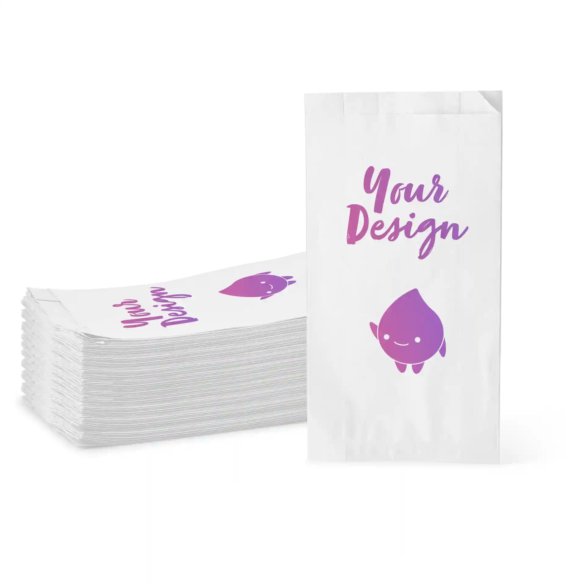 Sacs à pain en carton blanc avec un design et un personnage violet, empilés avec un sac debout.