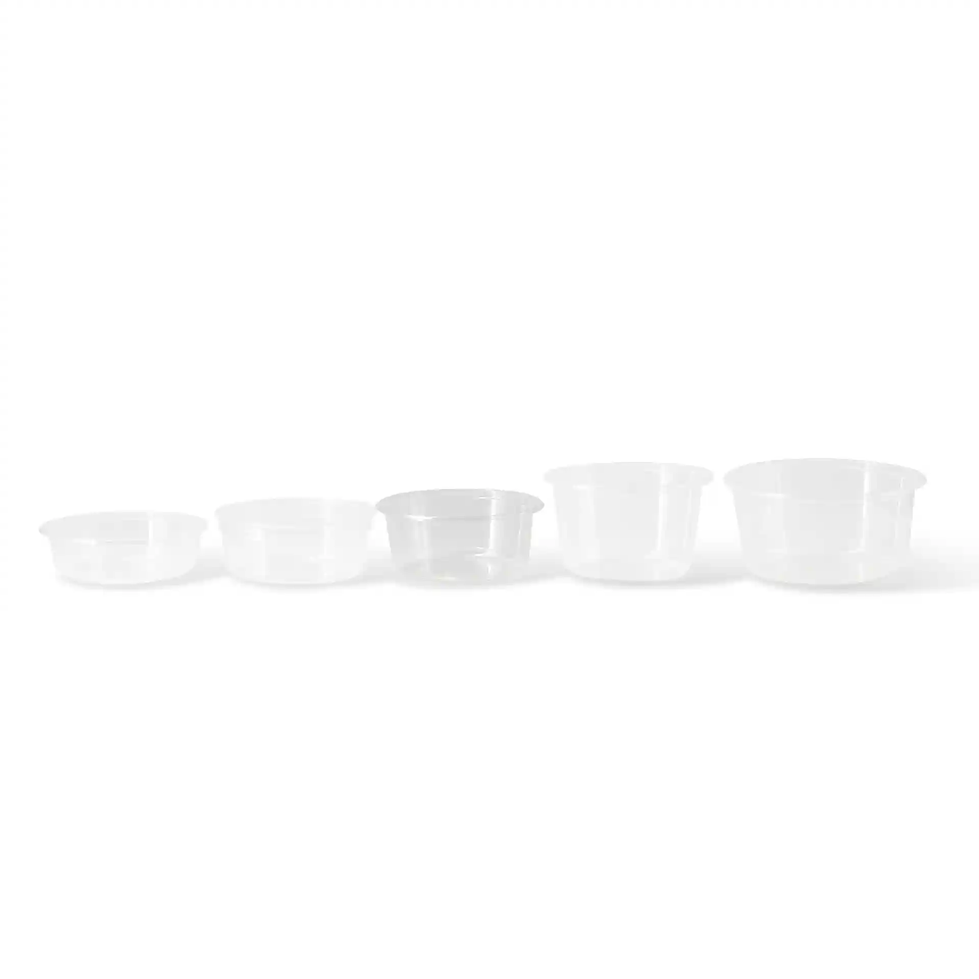 Ensemble de cinq contenants ronds transparents de différentes tailles, présentés du plus petit au plus grand.
