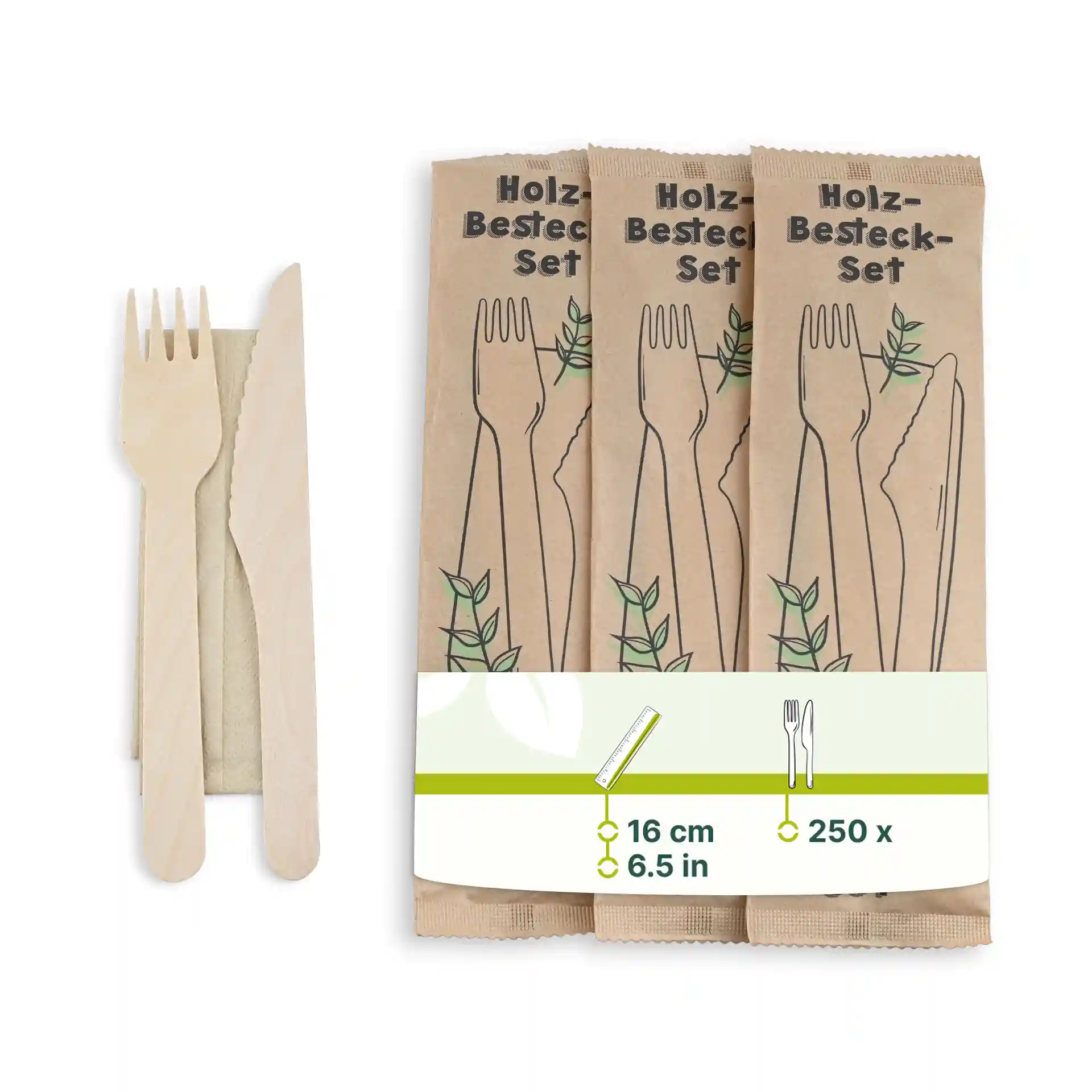 Ensemble de couverts en bois comprenant un couteau et une fourchette, emballé avec une serviette, sur un fond en papier brun.