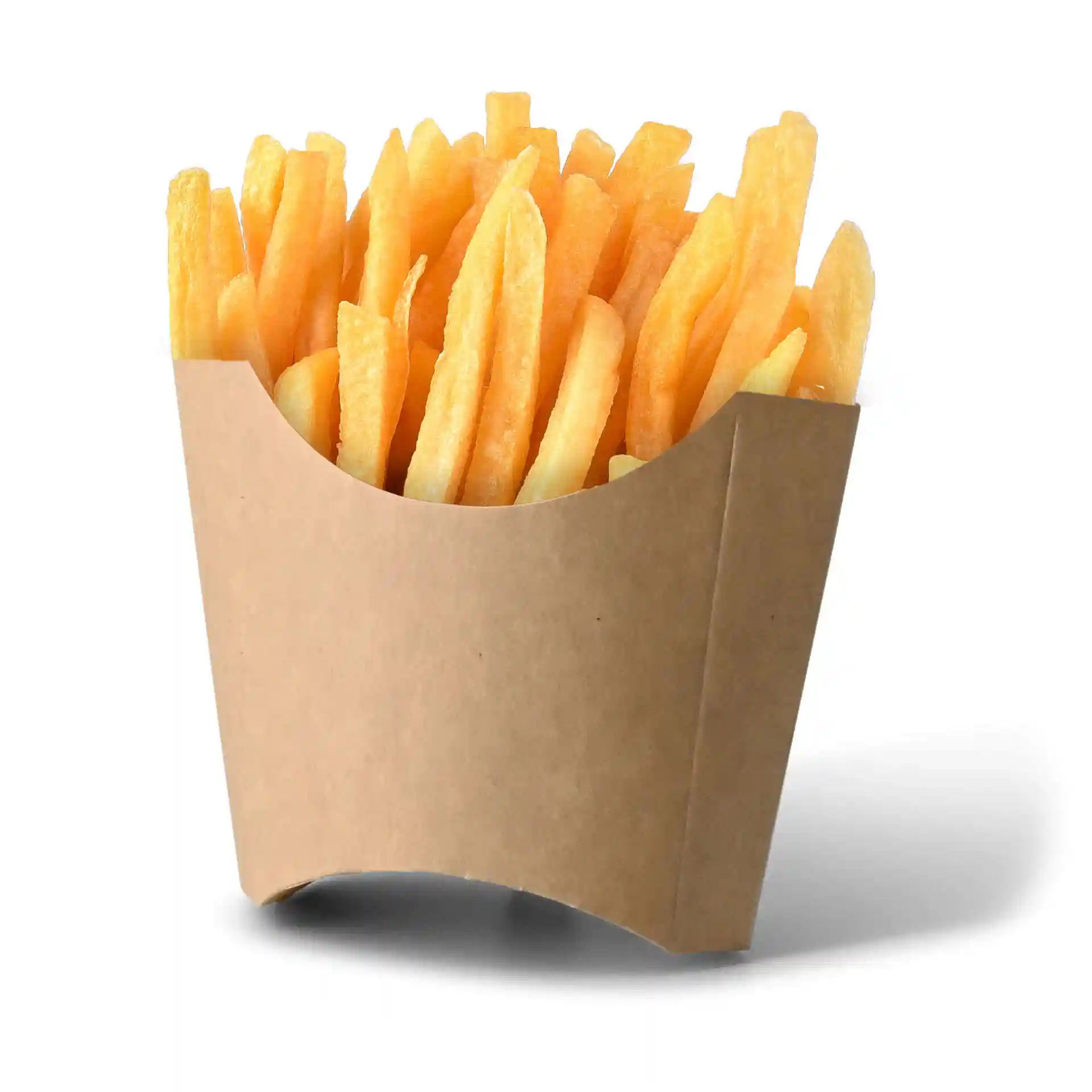Conteneur en carton brun rempli de frites dorées, mesurant 8,5 x 5 x 9,5 cm.