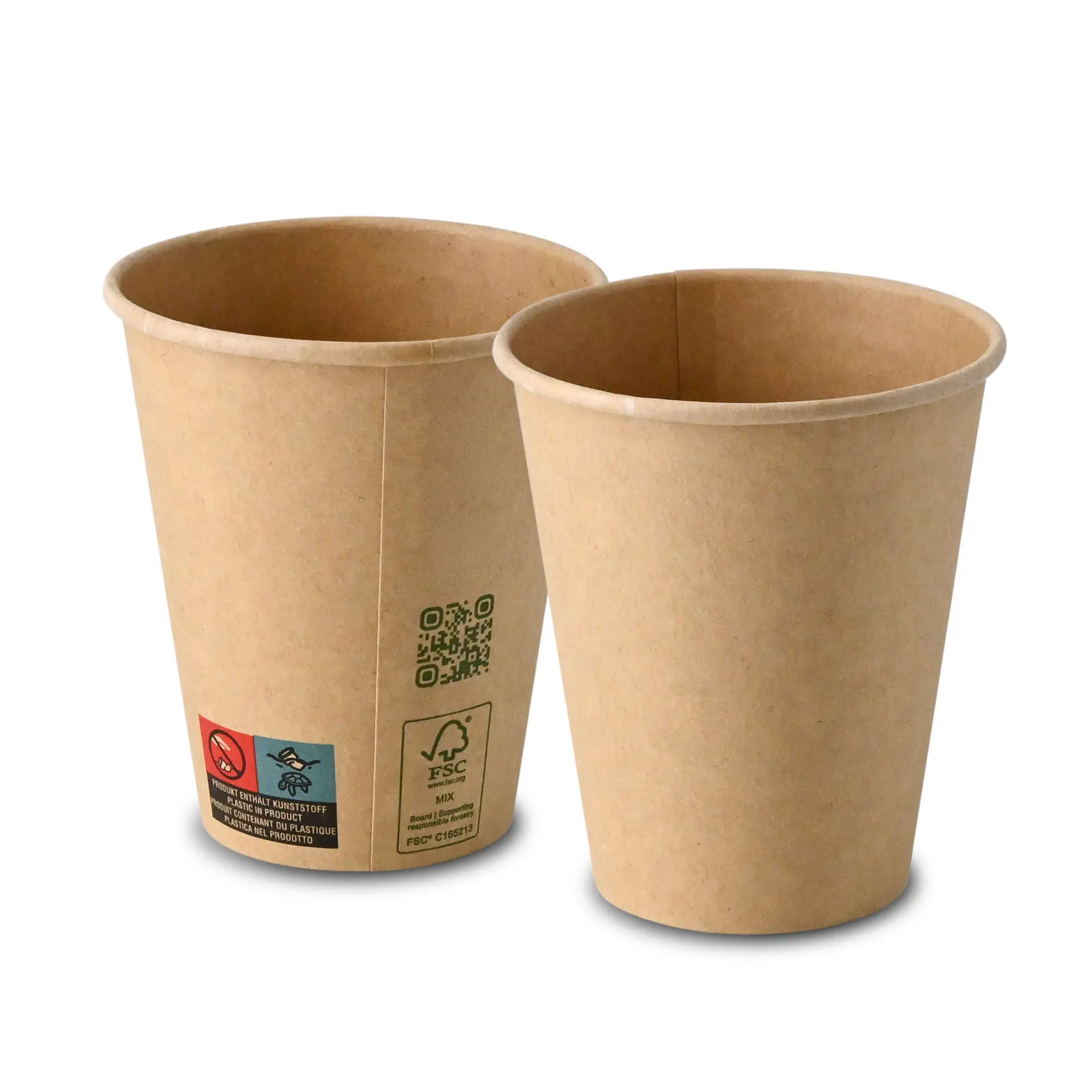Gobelets en papier brun à paroi simple, capacité de 250 ml, hauteur de 100 mm et diamètre de 90 mm.