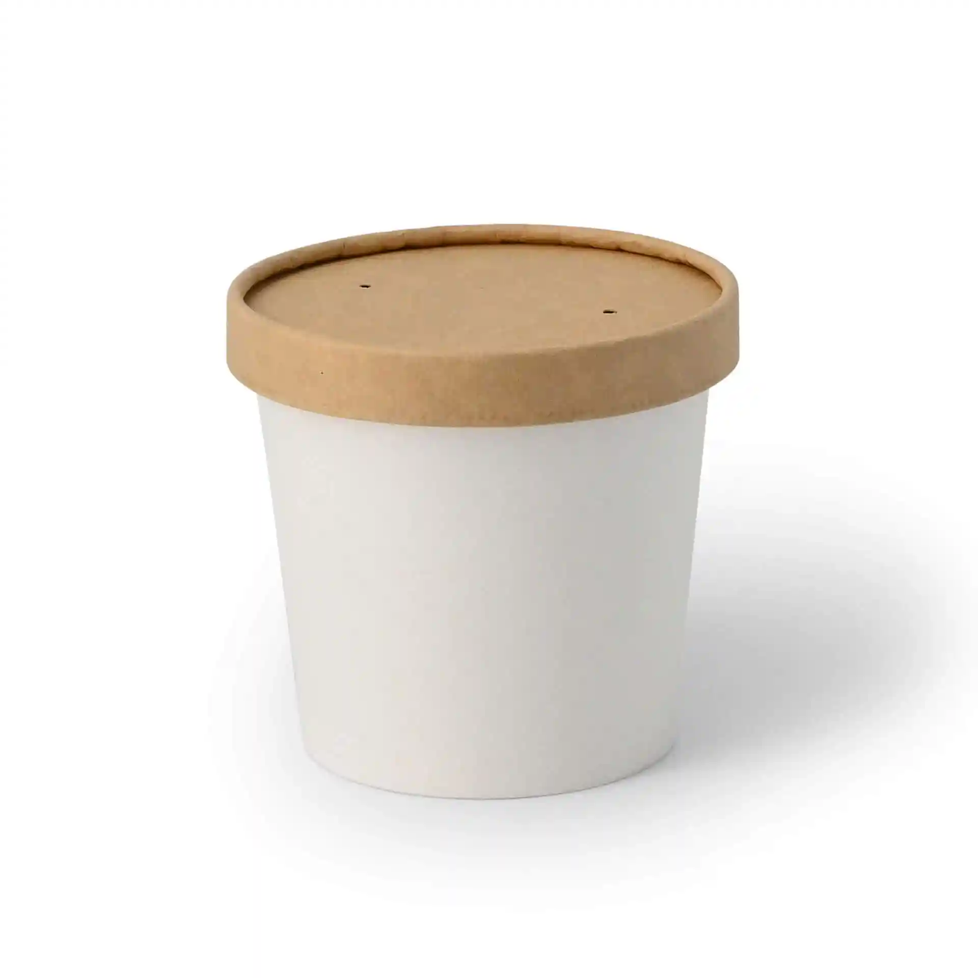 Pot de crème glacée en papier blanc de forme ronde avec un couvercle en papier brun, mesurant 92 mm de diamètre et 82 mm de hauteur.