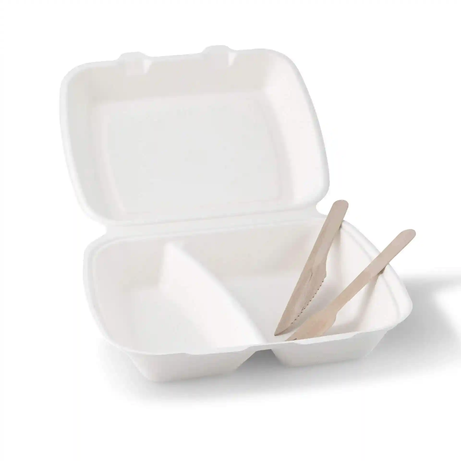 Conteneur rectangulaire blanc en canne à sucre avec couvercle à charnière, comportant deux compartiments et deux ustensiles en bois à l'intérieur.