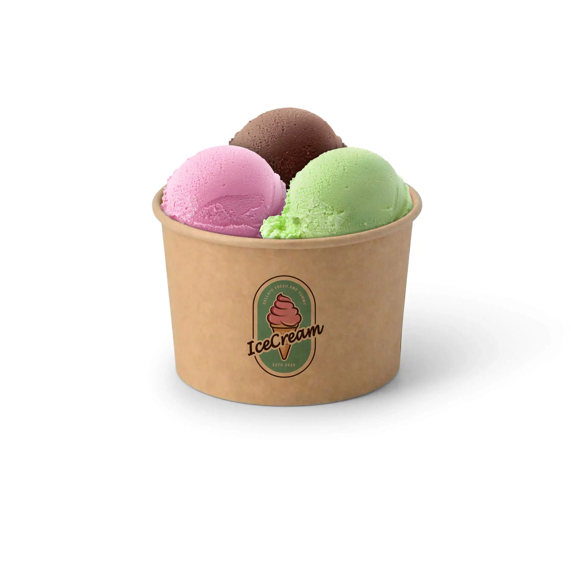 Gobelet avec trois boules de glace : rose, verte et brune, dans un gobelet à glace brun imprimé avec un logo.