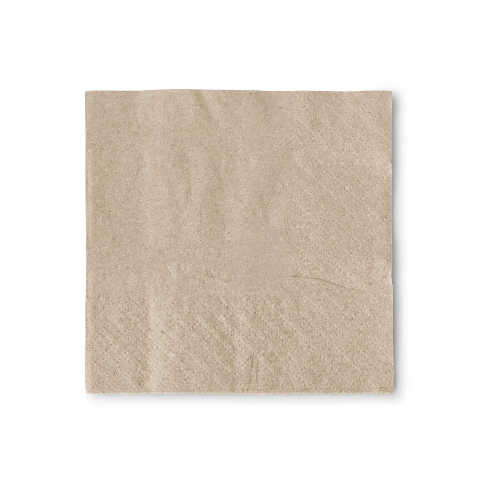 Serviette à cocktail carrée marron en papier recyclé, 20 x 20 cm, avec un symbole de recyclage imprimé et du texte.