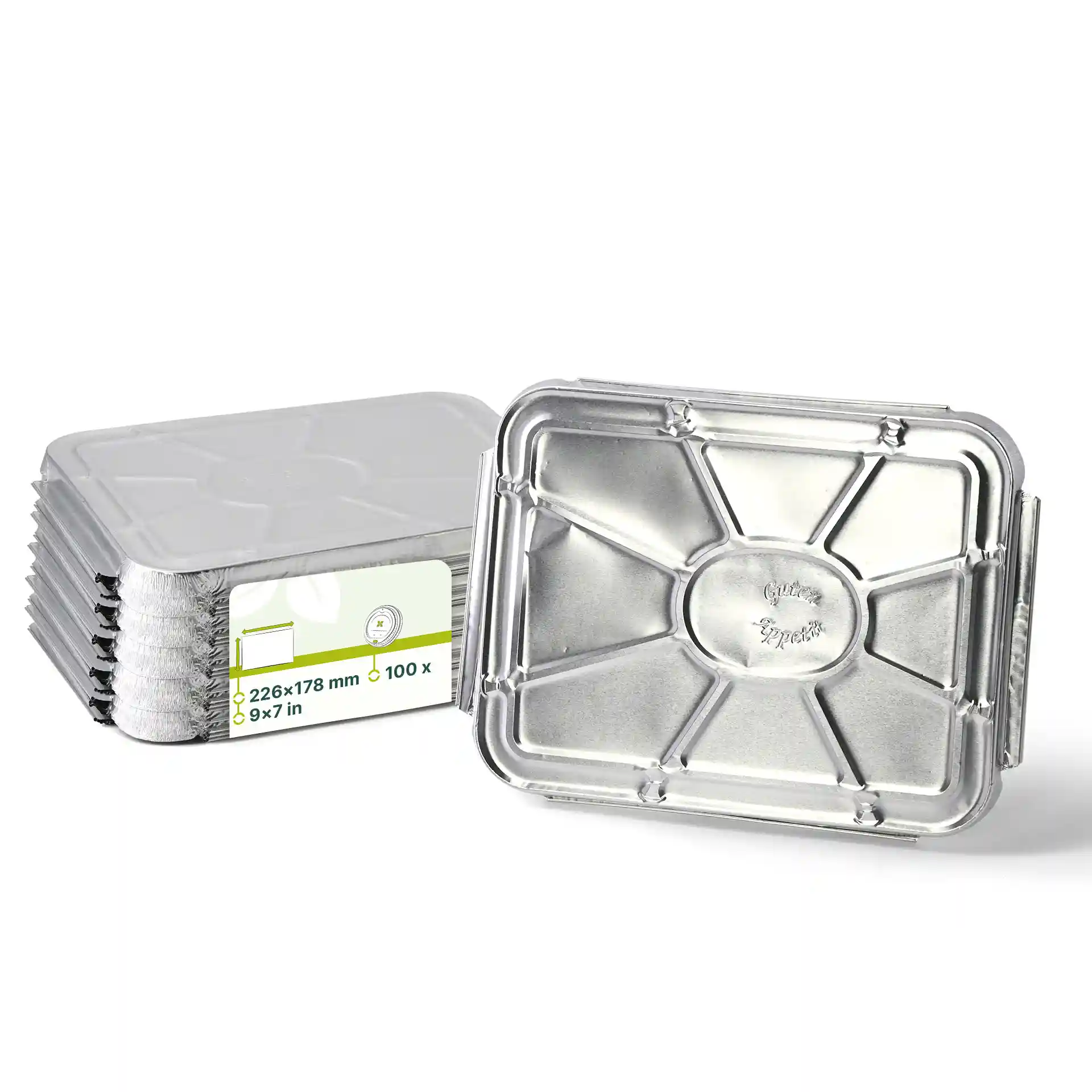 Empilement de couvercles en aluminium pour plateaux repas à 2 compartiments, forme rectangulaire, avec un couvercle en haut.