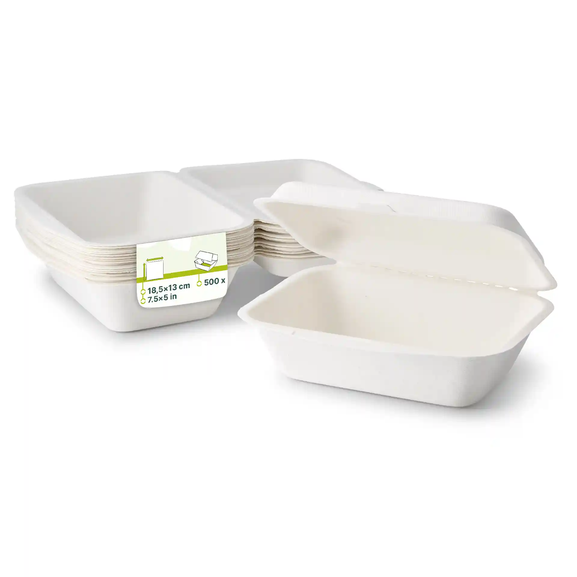 Contenants alimentaires rectangulaires blancs en canne à sucre avec couvercles articulés, montrant plusieurs empilés et un ouvert.