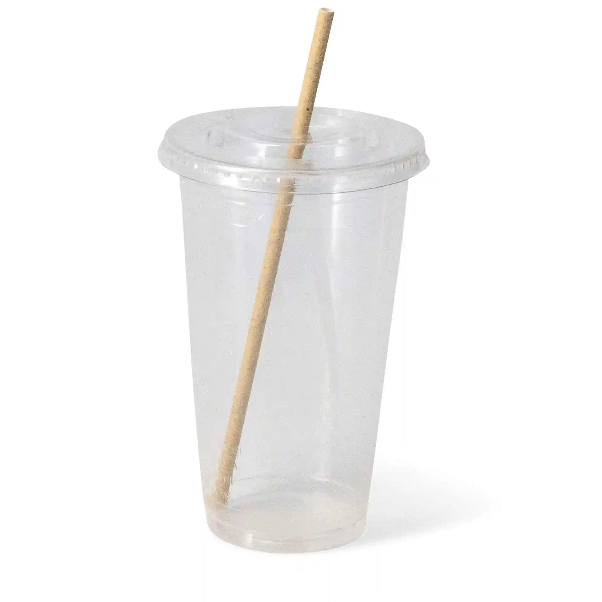 Gobelet en plastique transparent de 20 oz avec couvercle et paille en papier brun, debout sur un fond blanc.