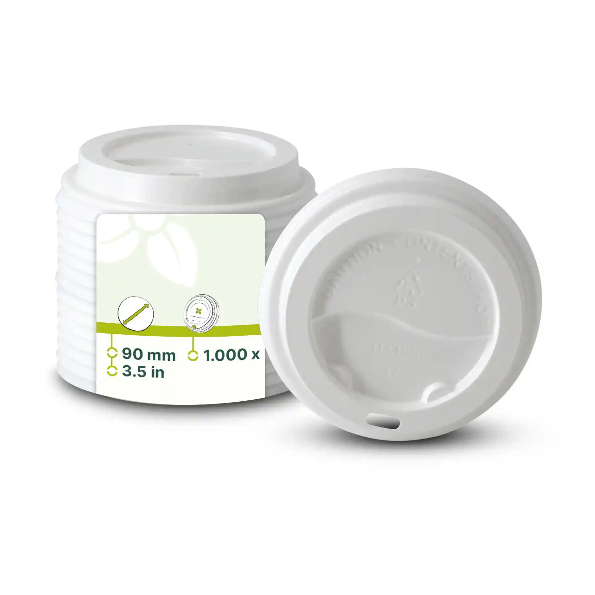 Couvercle rond en PS blanc de 90 mm de diamètre avec un trou pour boire, présenté avec une étiquette et un autre couvercle à côté.
