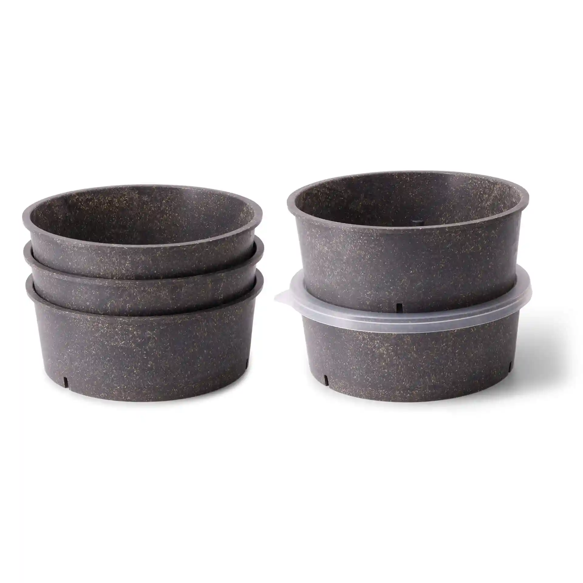 Ensemble de quatre bols réutilisables gris d'un diamètre de 185 mm, empilés avec un bol sur le dessus.