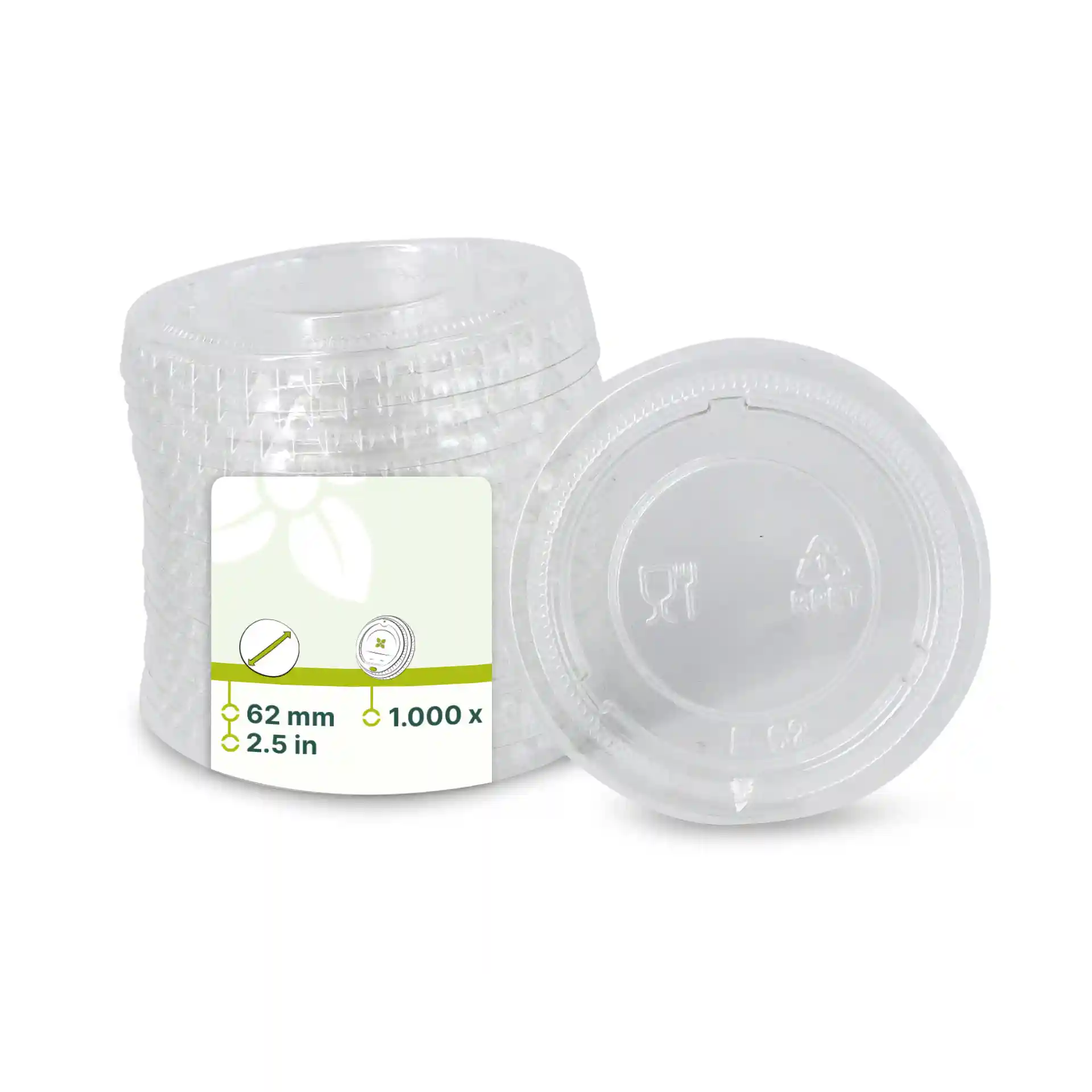 Couvercles rPET transparents d'un diamètre de 62 mm, empilés avec un couvercle visible sur le dessus.