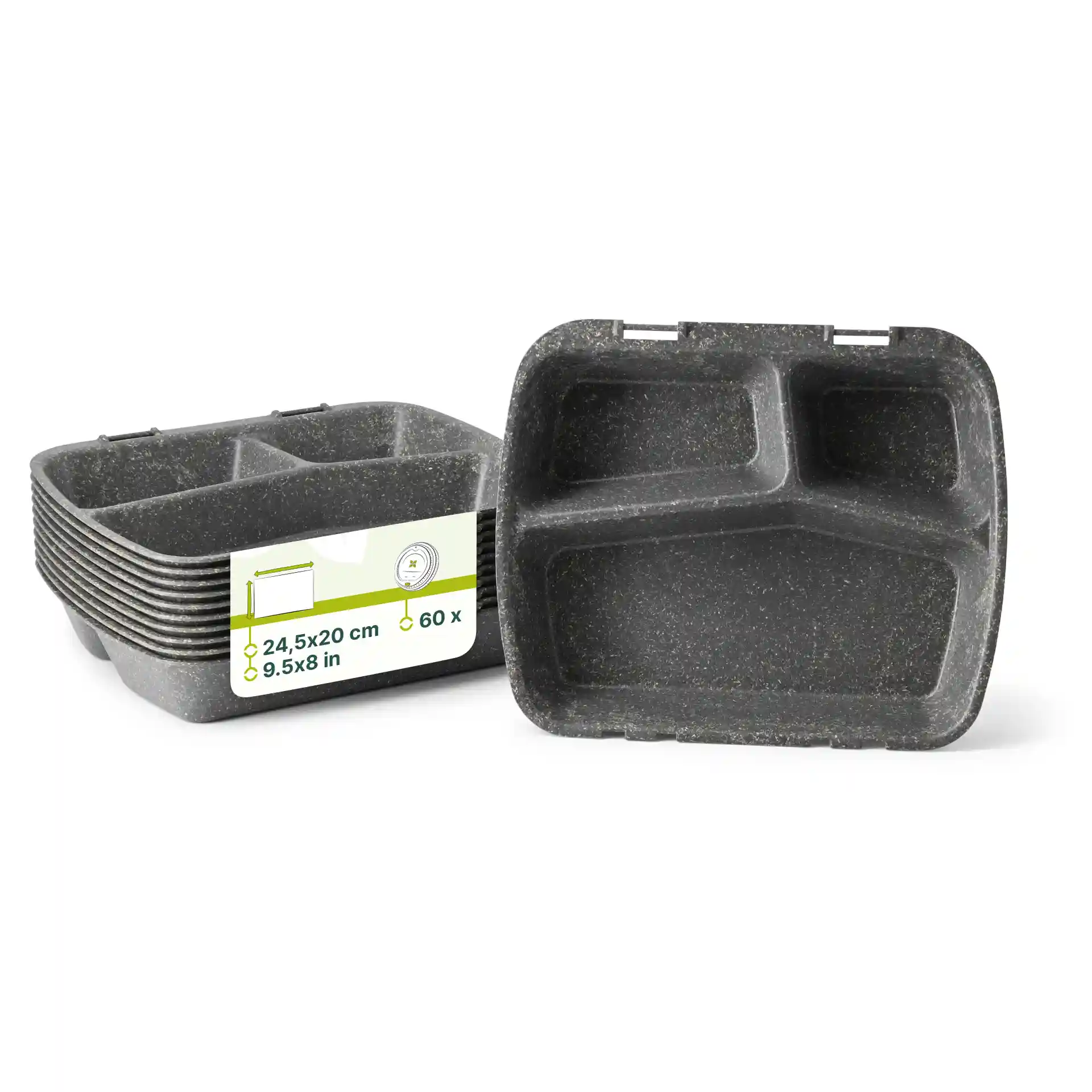 Conteneur de repas gris réutilisable avec trois compartiments, mesurant 24,5 x 20 cm, présenté avec une étiquette.