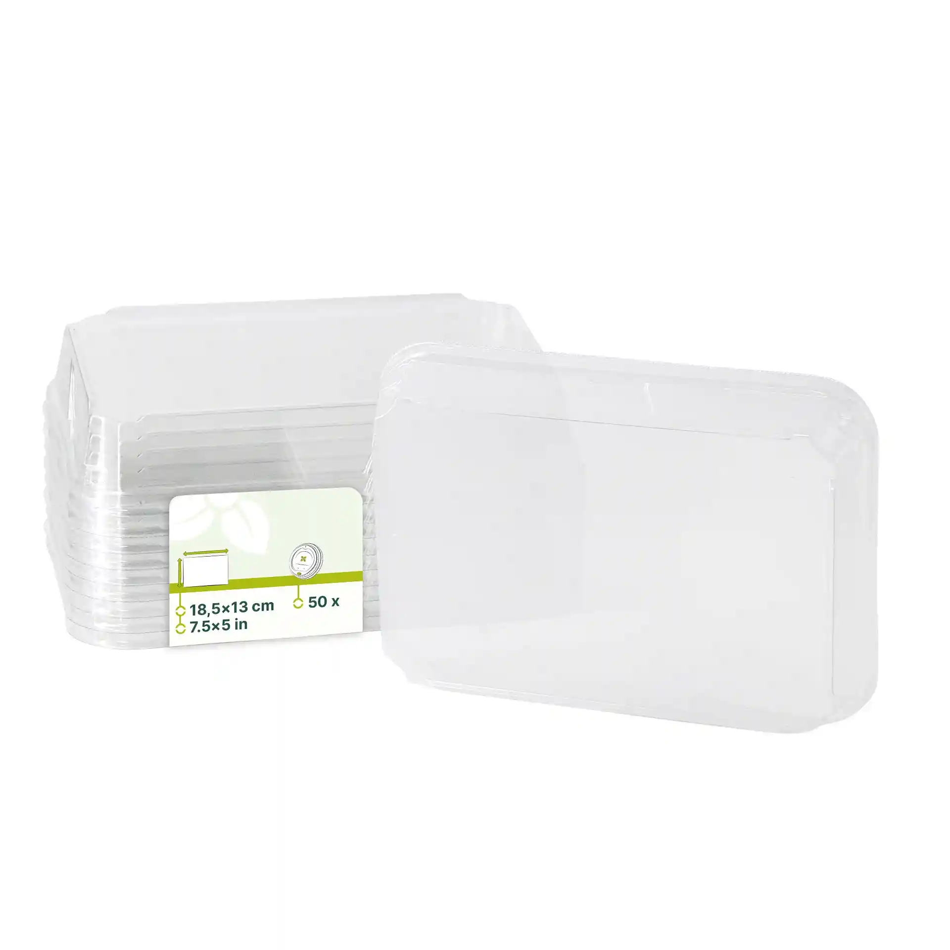 Couvercles en PET transparents pour boîtes à sushi, mesurant 18,5 x 13 cm, empilés avec une étiquette visible.