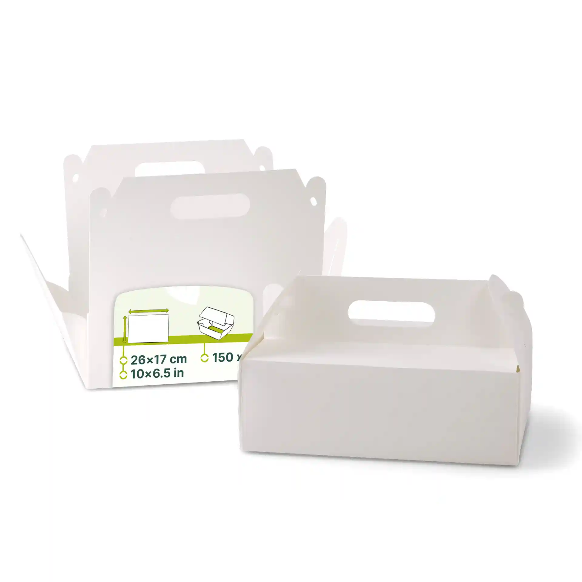 Boîtes à pâtisserie en carton blanc avec poignées, forme rectangulaire, dimensions 26 x 17 x 9 cm, deux boîtes montrées.