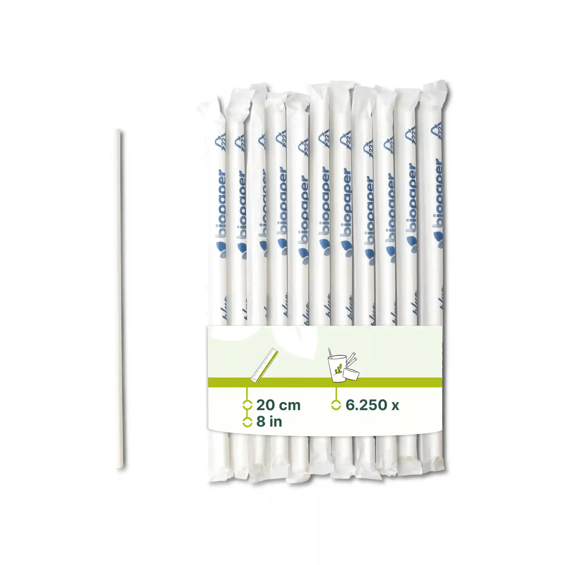 Pailles en papier blanches, longues de 20 cm et d'un diamètre de 0,5 cm, emballées avec une étiquette.