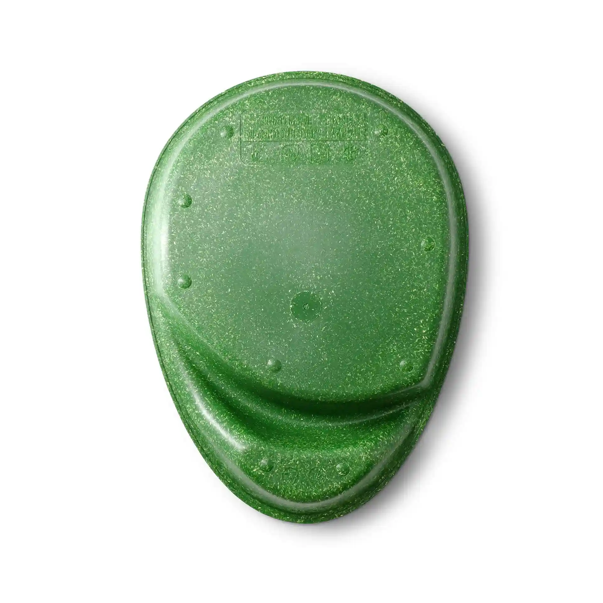 Assiette réutilisable en forme de goutte verte avec deux compartiments et une finition pailletée.