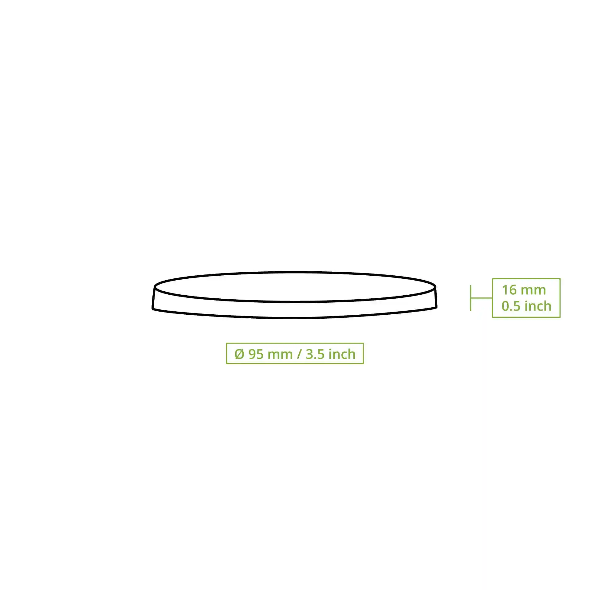 Dessin schématique d'un couvercle rond en carton de 95 mm de diamètre et 16 mm de hauteur.